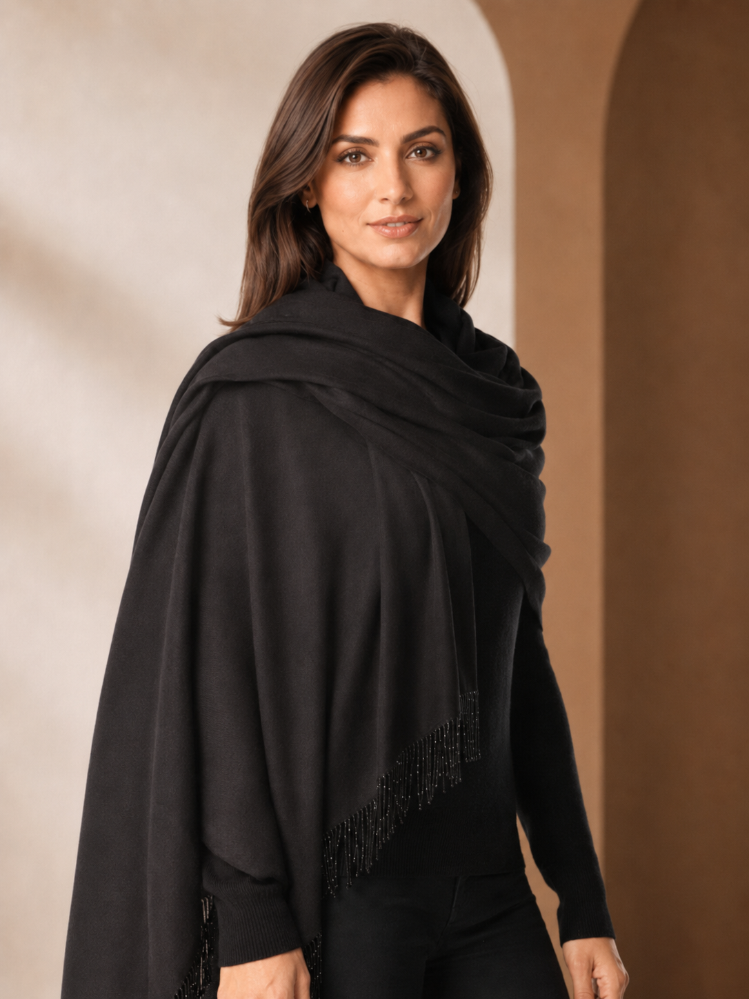 Pashmina Shawl With Beaded Tassels - Black - Model Image 1