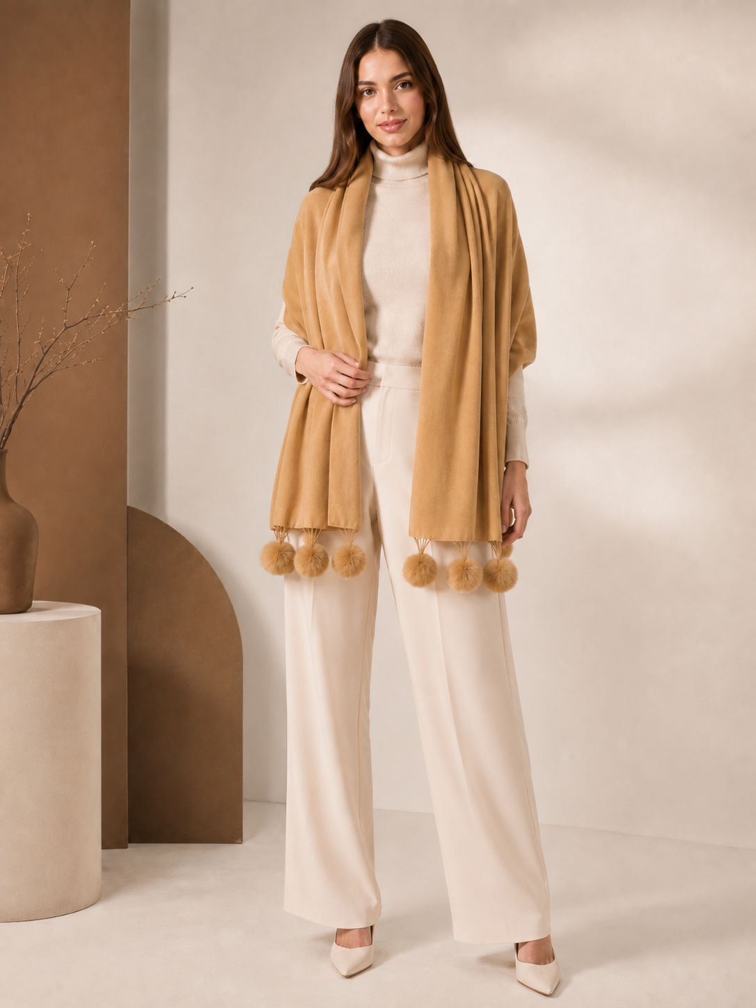 Cashmere Wrap with Fur Pompoms
