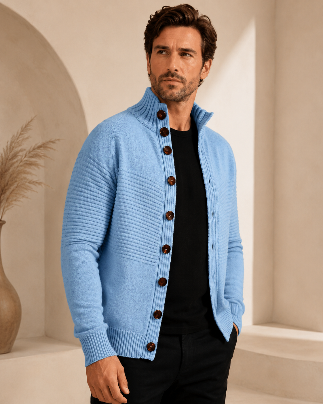Men's Mock Neck Cardigan in Pure Cashmere