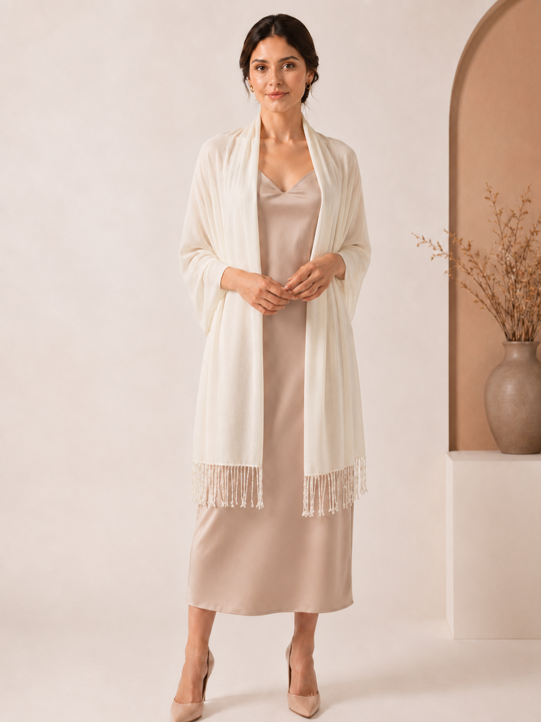 Pashmina Shawl With Beaded Tassels - Vanilla - Model Image 1