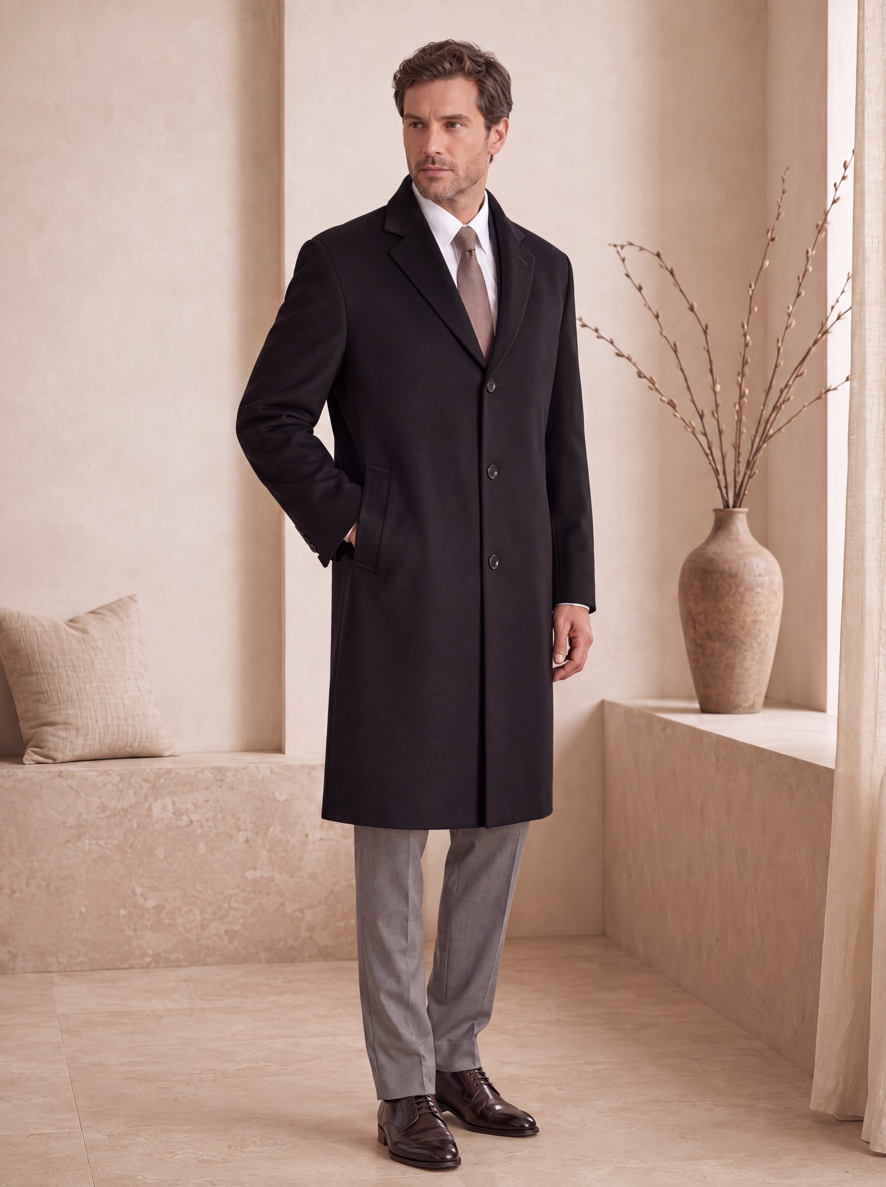 Men's Knee Length Cashmere Blend Overcoat