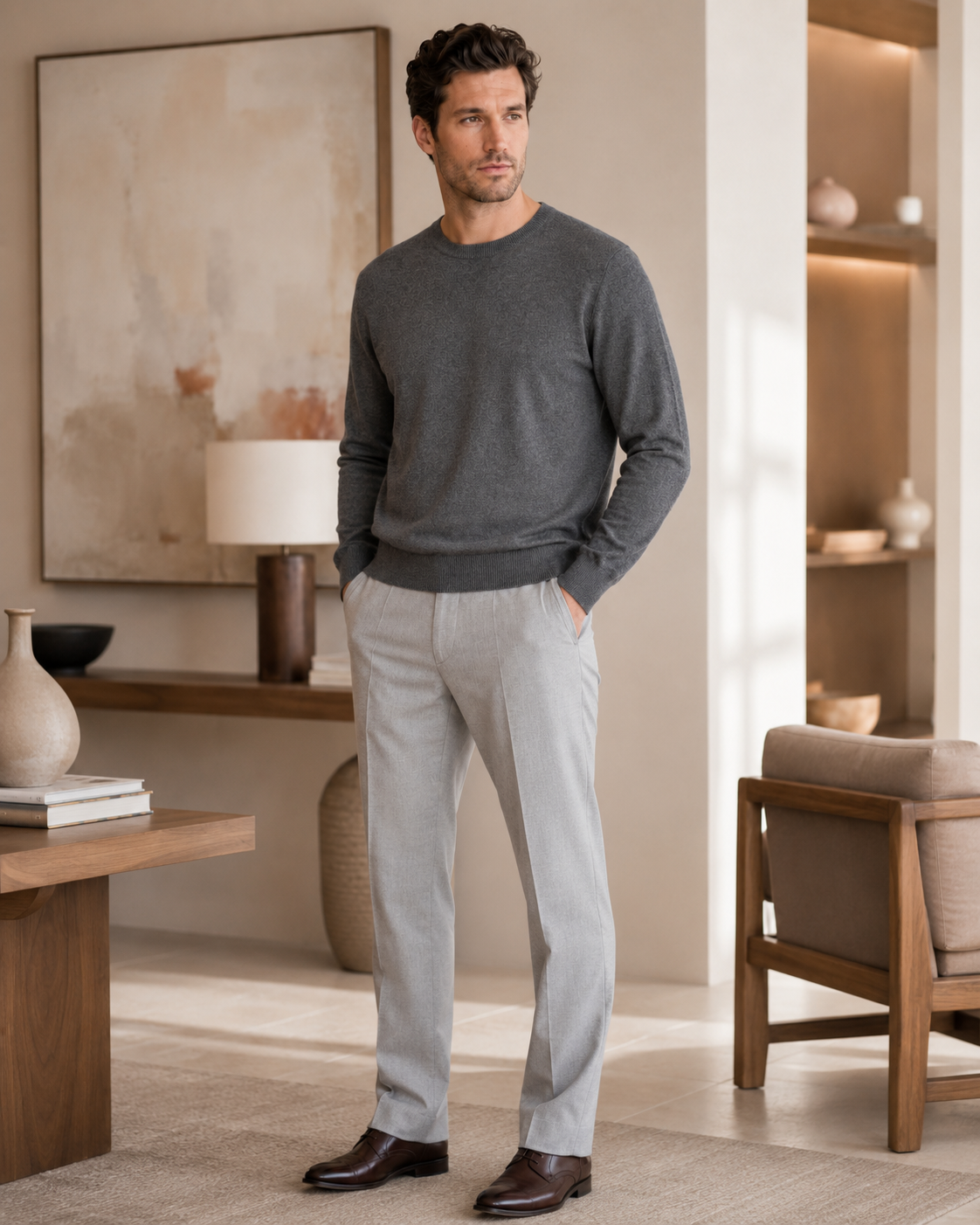 Luxurious Men's Crew Neck Cashmere Sweater in Charcoal