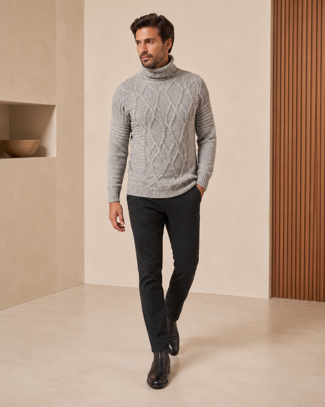 Men's Cable Turtleneck Sweater in Pure Baby Alpaca