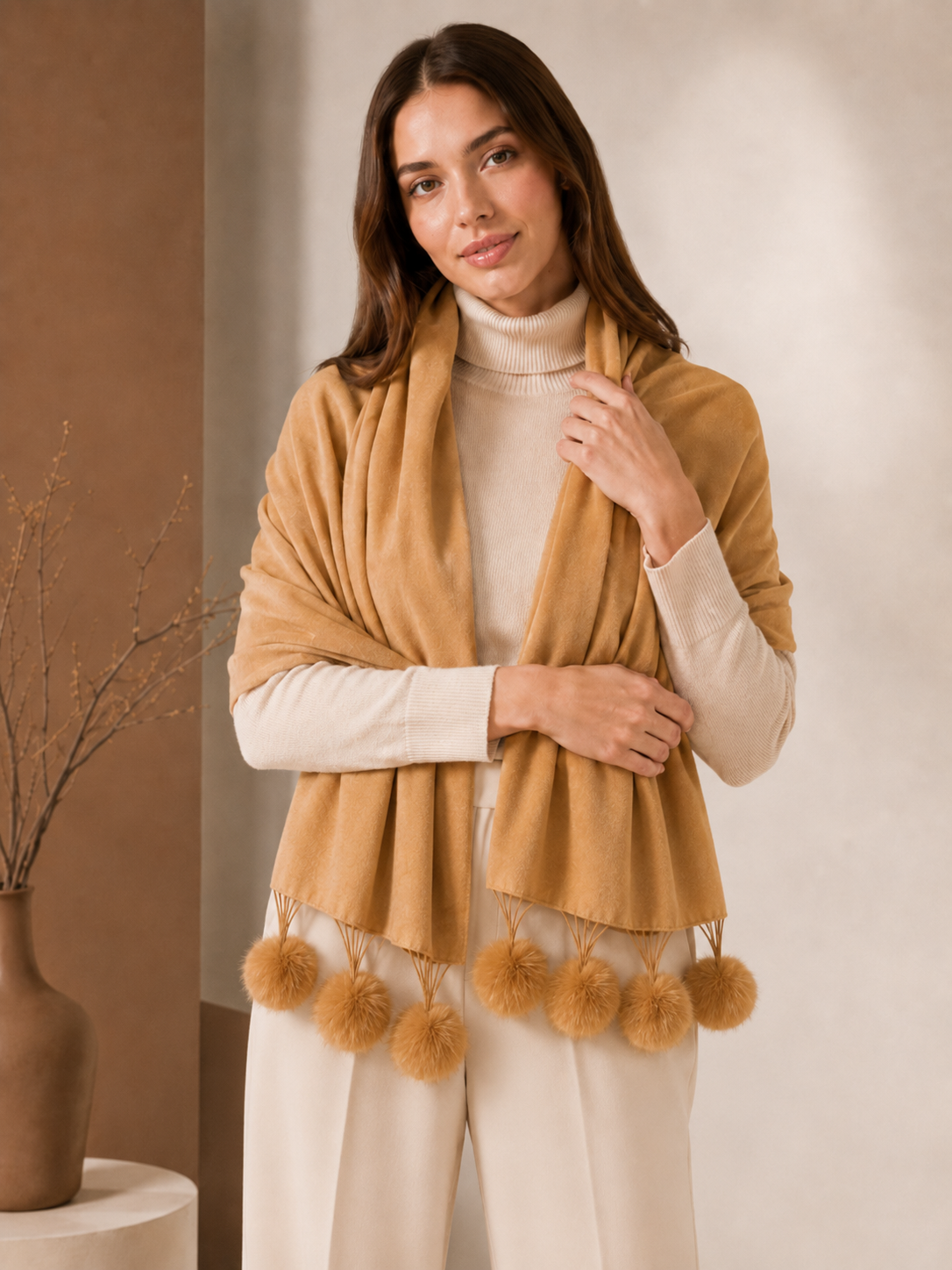 Cashmere Wrap with Fur Pompoms