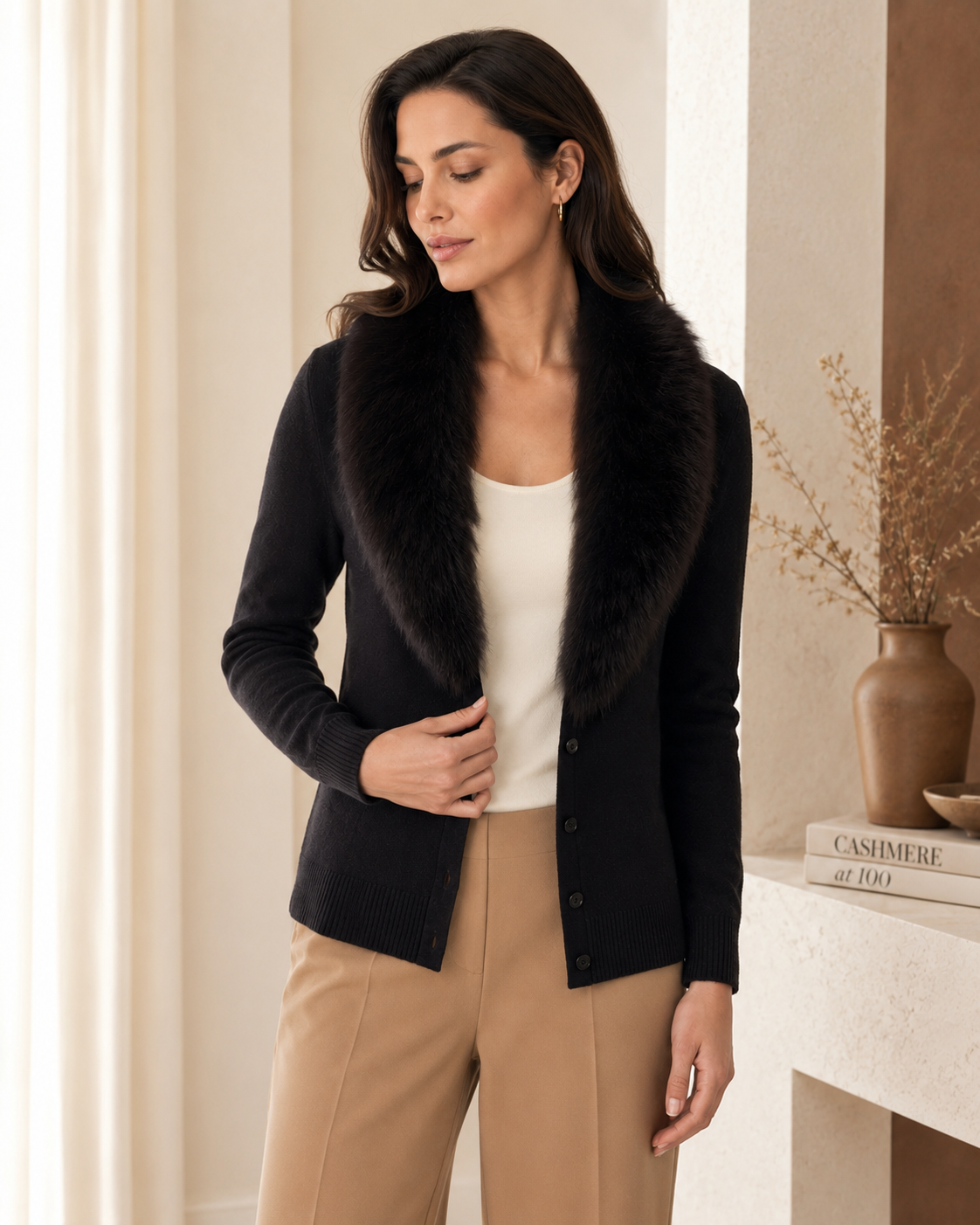 Cashmere Cardigan with Fur Collar