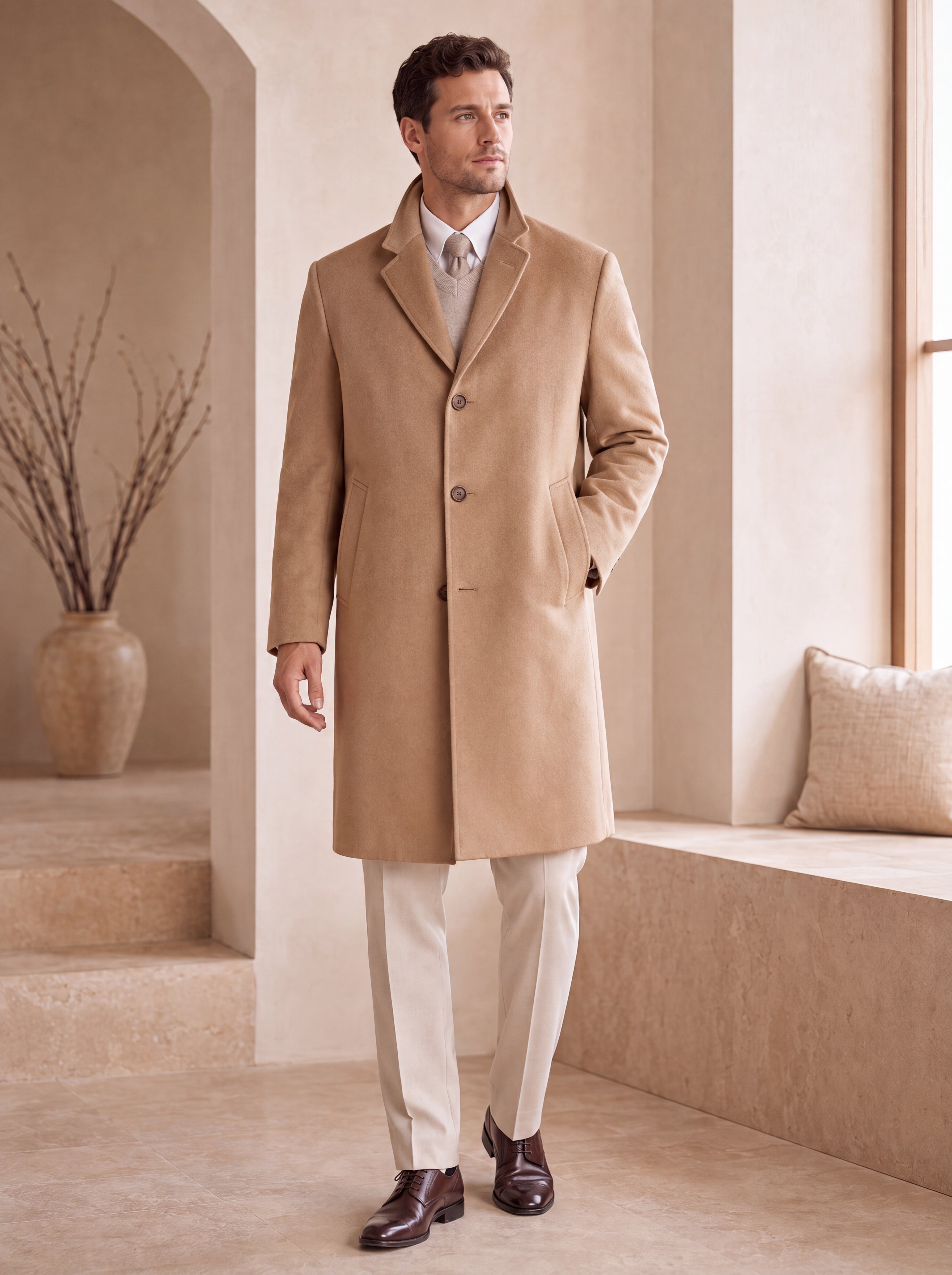 Men's Knee Length Cashmere Blend Overcoat