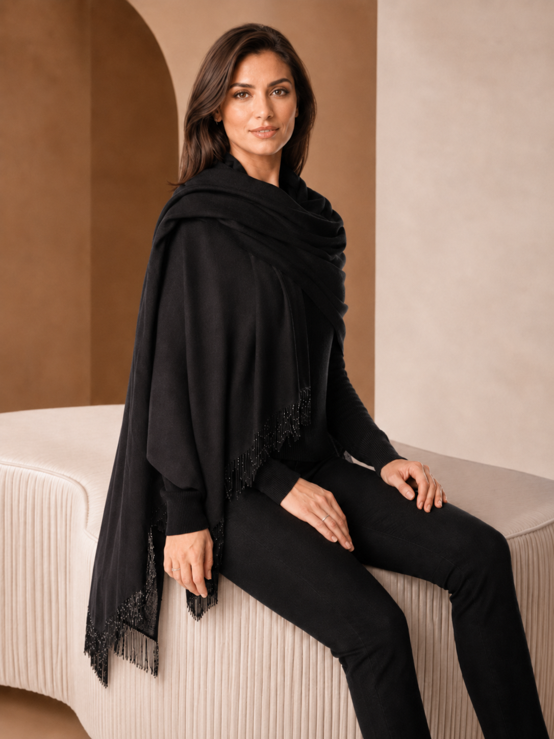 Pashmina Shawl With Beaded Tassels - Black - Model Image 2