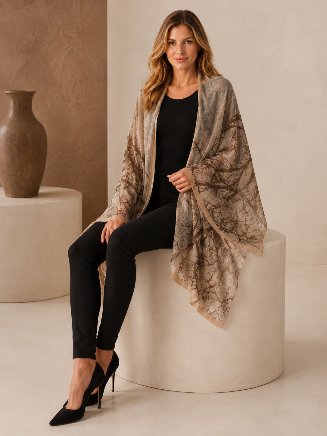 Pure Cashmere Knitted Shawl in Tree Print