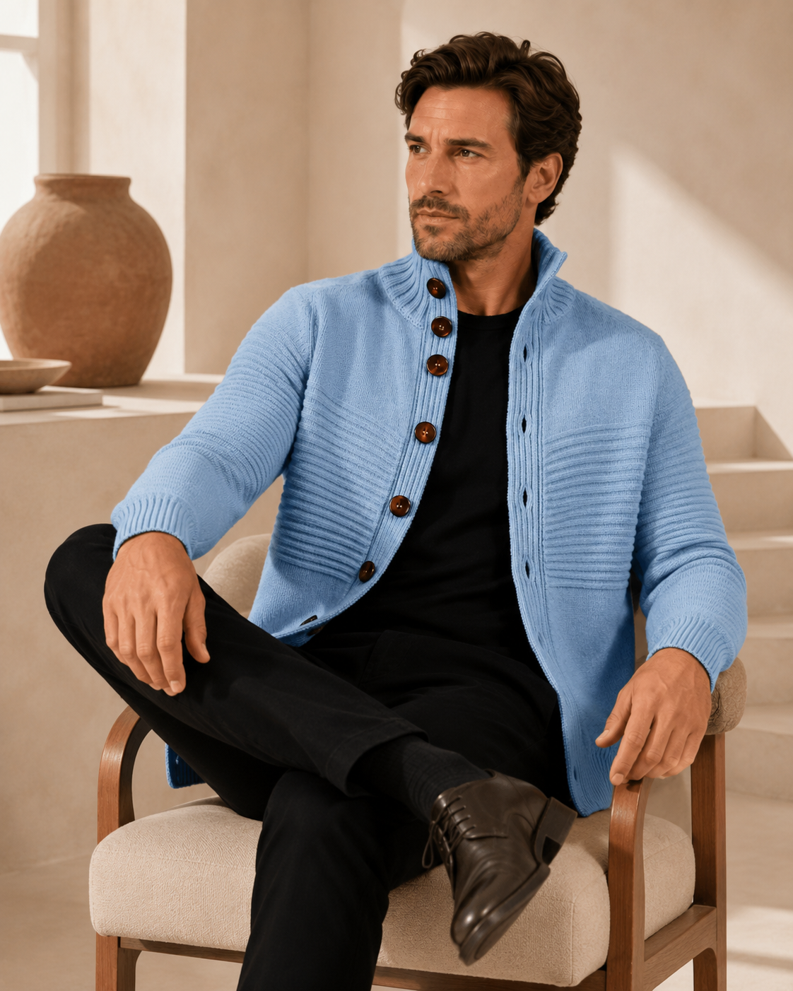 Men's Mock Neck Cardigan in Pure Cashmere
