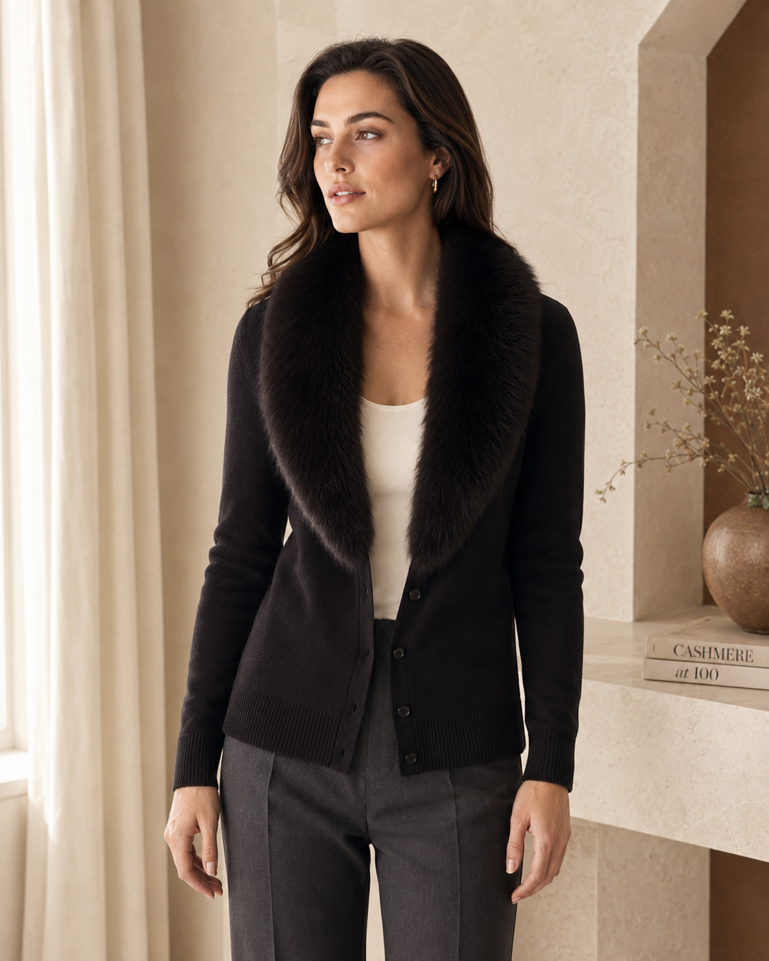 Cashmere Cardigan with Fur Collar