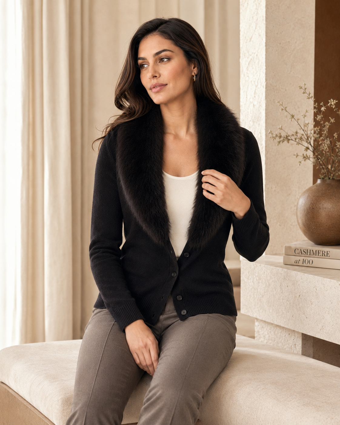 Cashmere Cardigan with Fur Collar