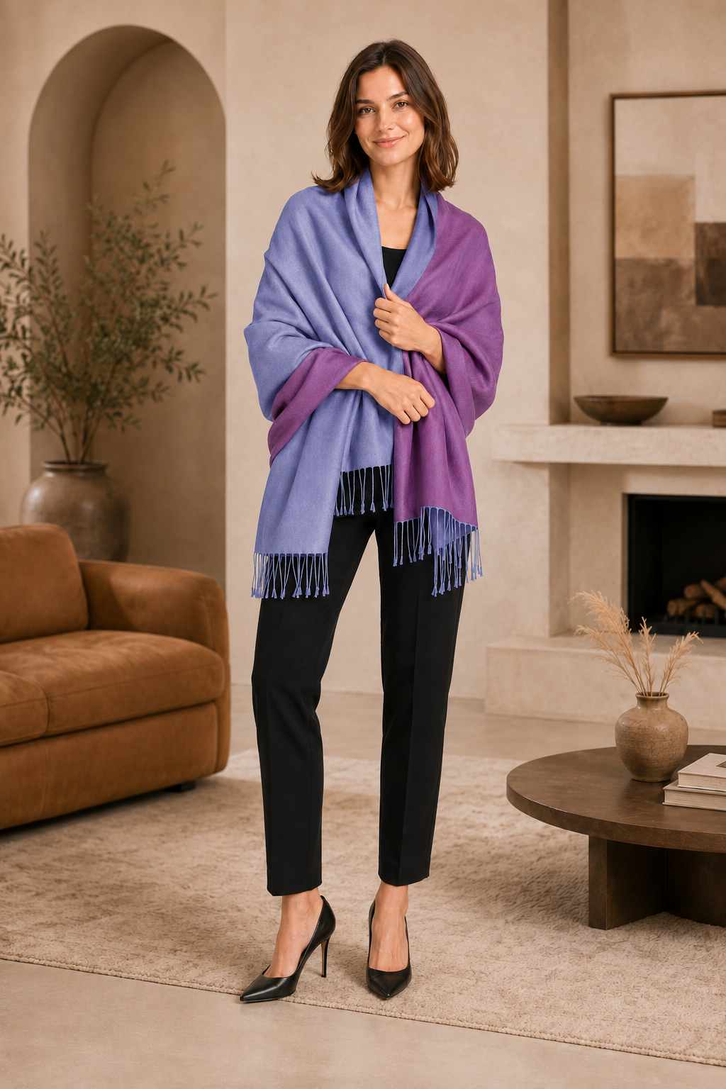 Two Tone Reversible Pashmina Wrap in Blue and Purple