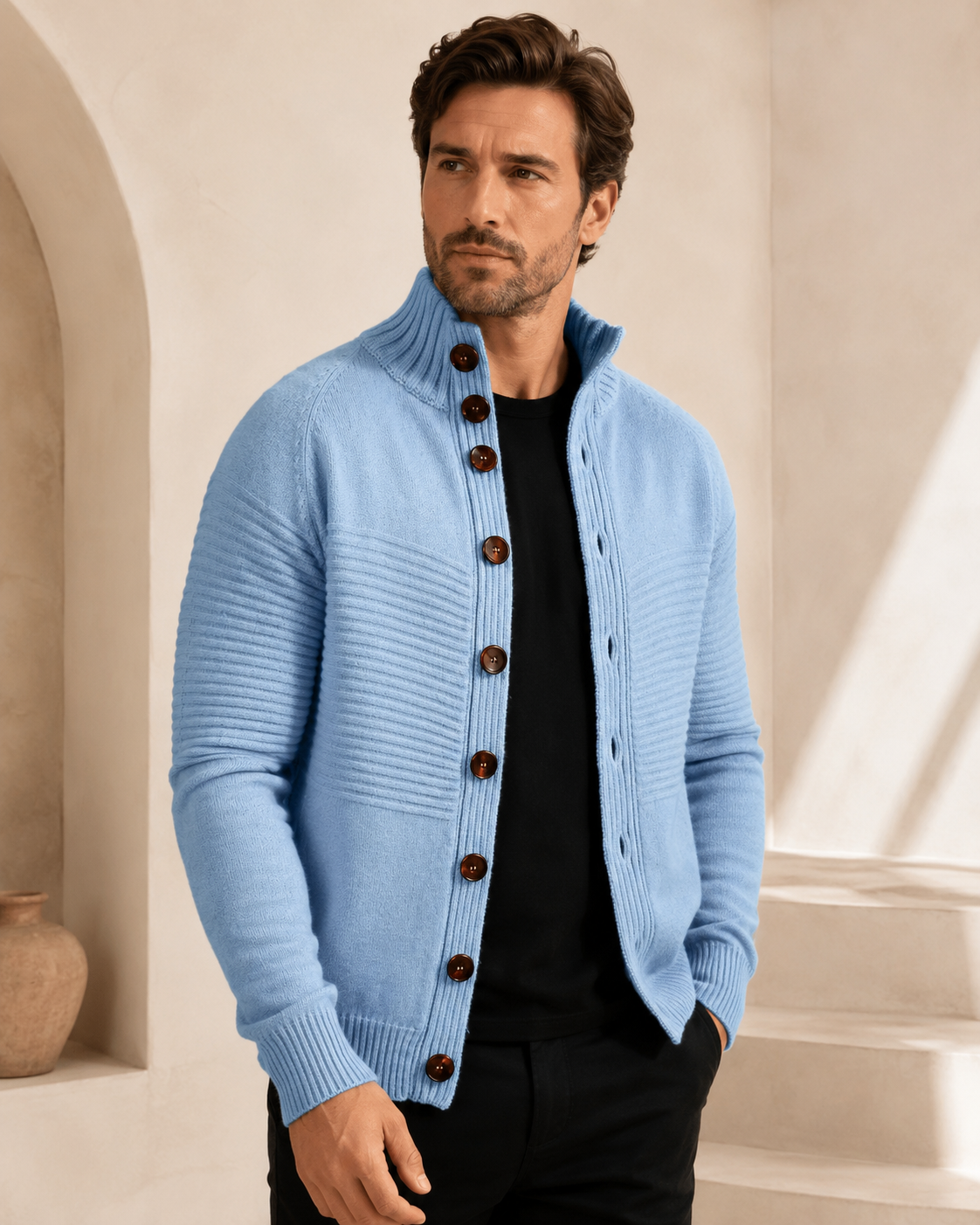 Men's Mock Neck Cardigan in Pure Cashmere