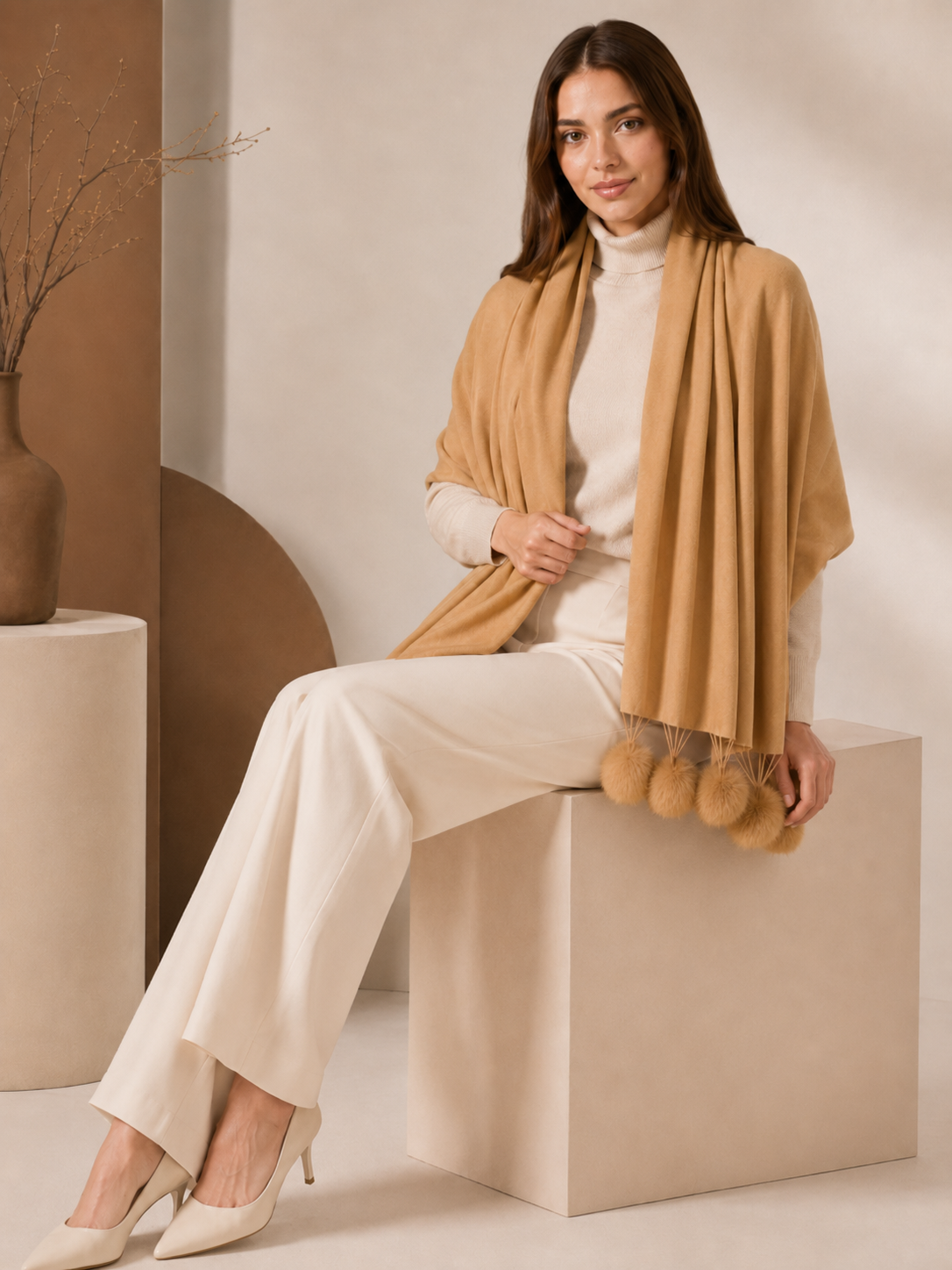 Cashmere Wrap with Fur Pompoms