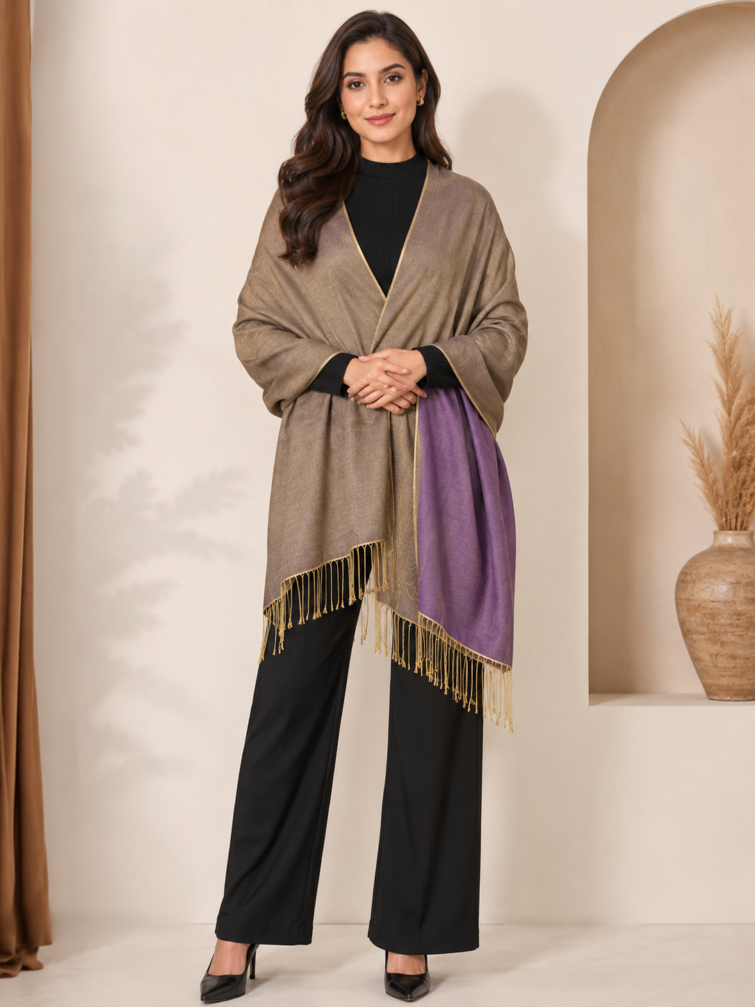Two Tone Reversible Pashmina Wrap in Purple and Gold