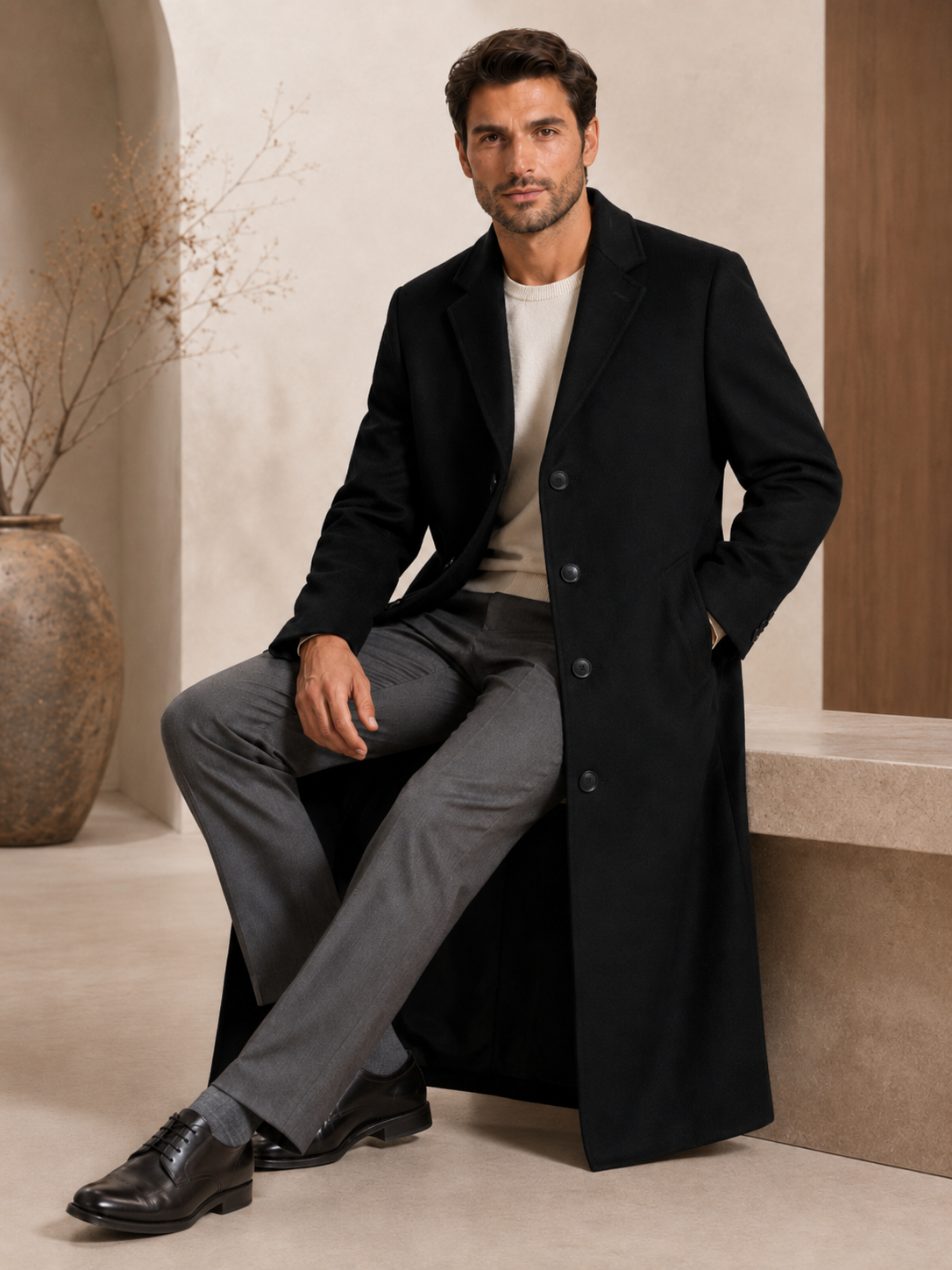 Men's Full Length Topcoat in Pure Cashmere