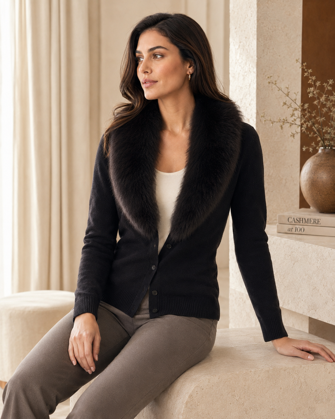 Cashmere Cardigan with Fur Collar