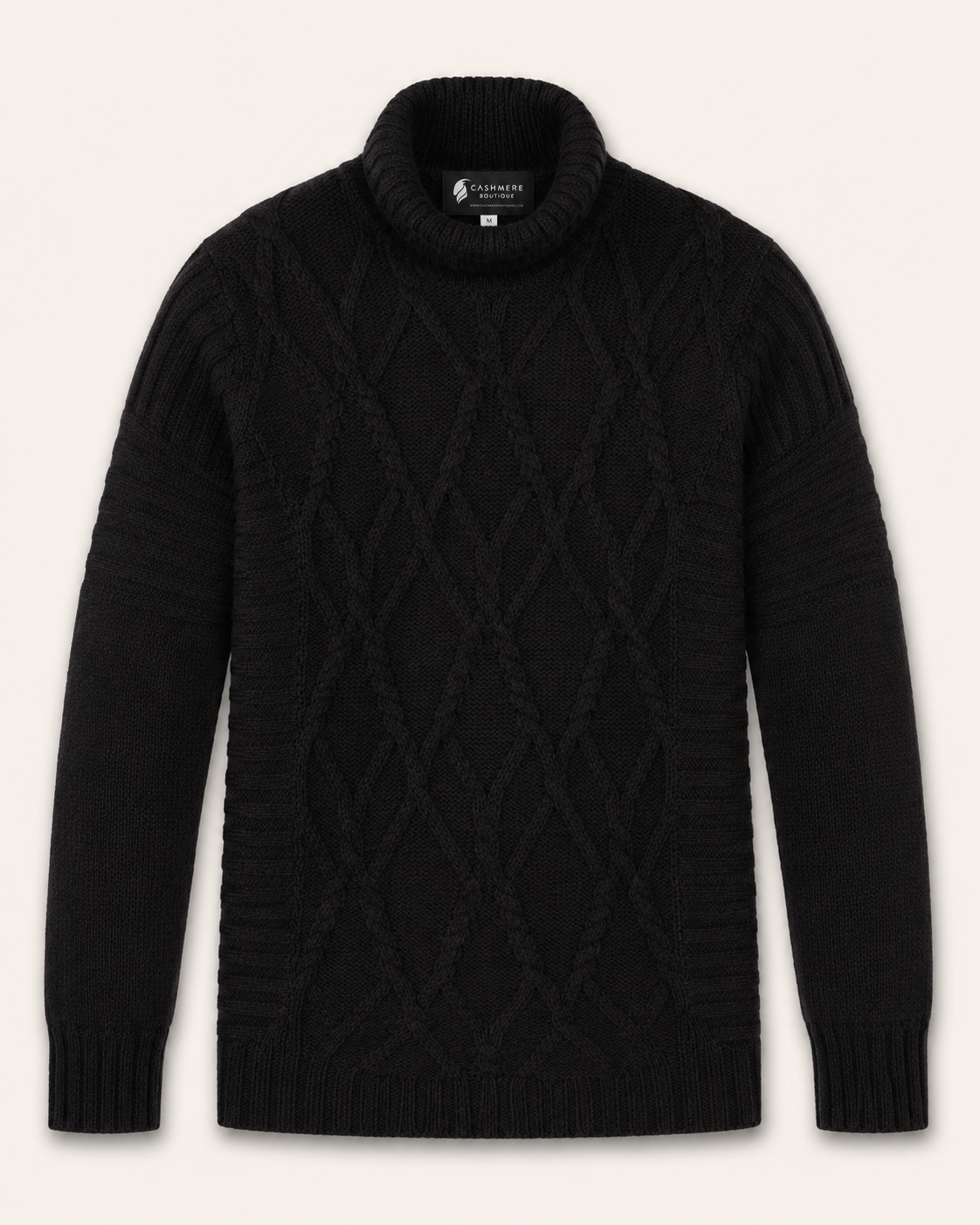 Men's Cable Turtleneck Sweater in Pure Baby Alpaca - black