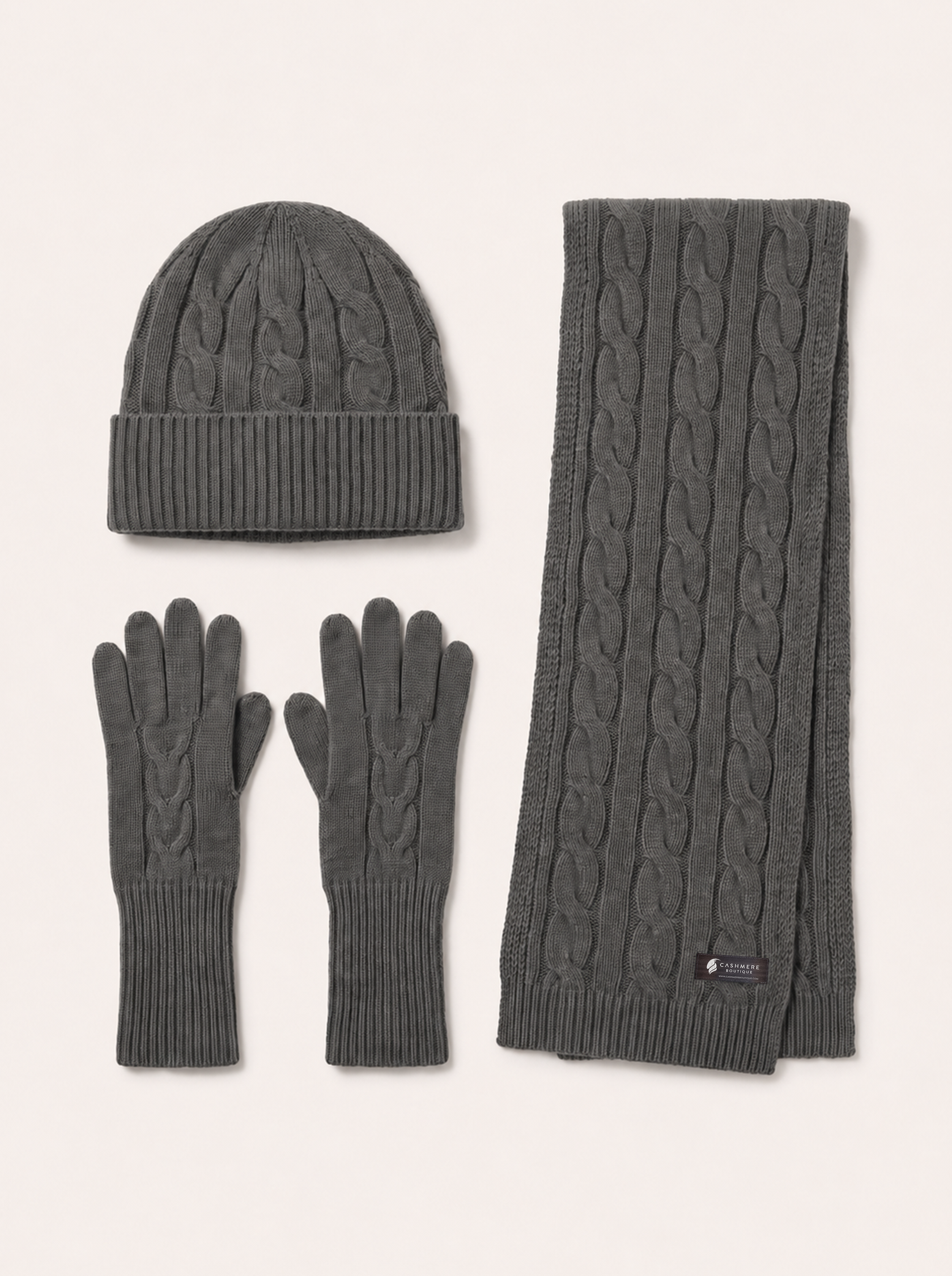 Unisex Pure Cashmere Scarf, Hat and Gloves Set - Charcoal