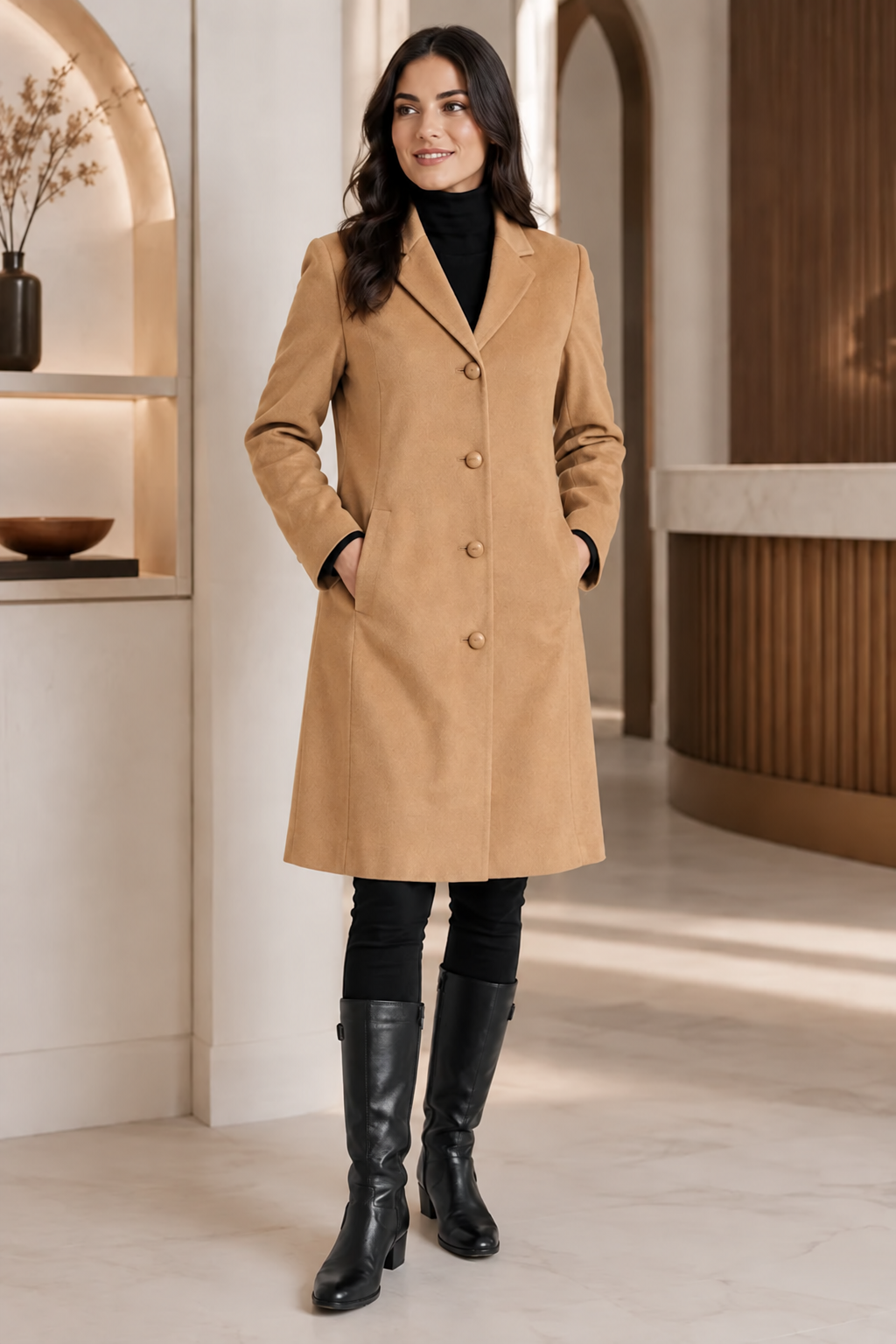 Women's Knee Length Overcoat in Pure Cashmere