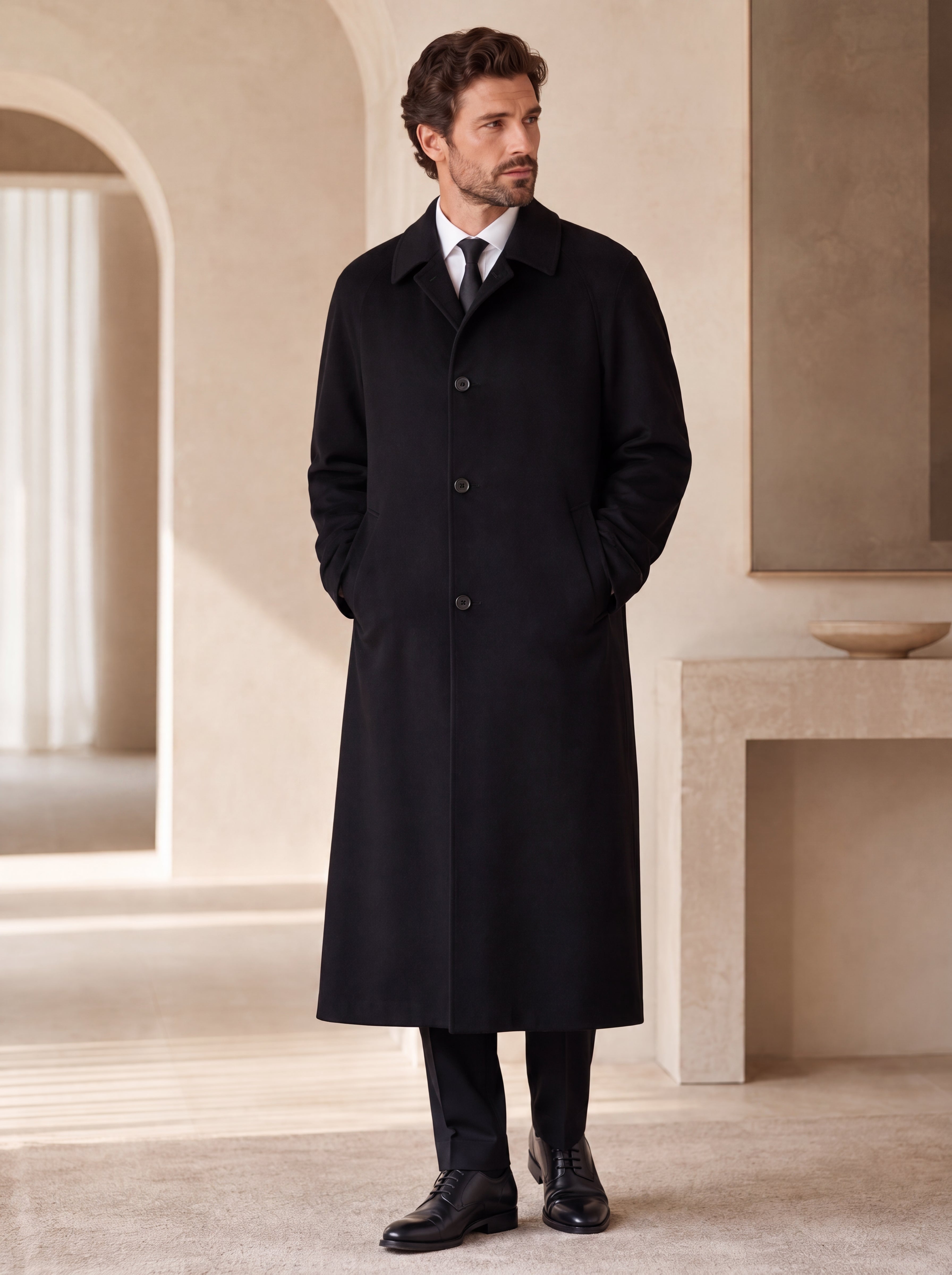 Pure Cashmere Full Length Overcoat with Raglan Sleeves for Men Black