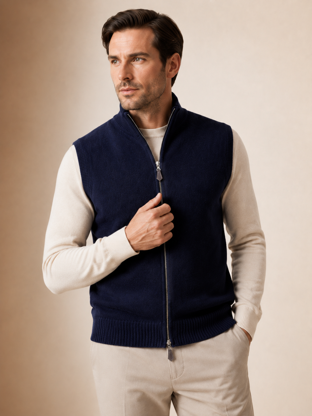 Men's Zip Vest in Pure Cashmere