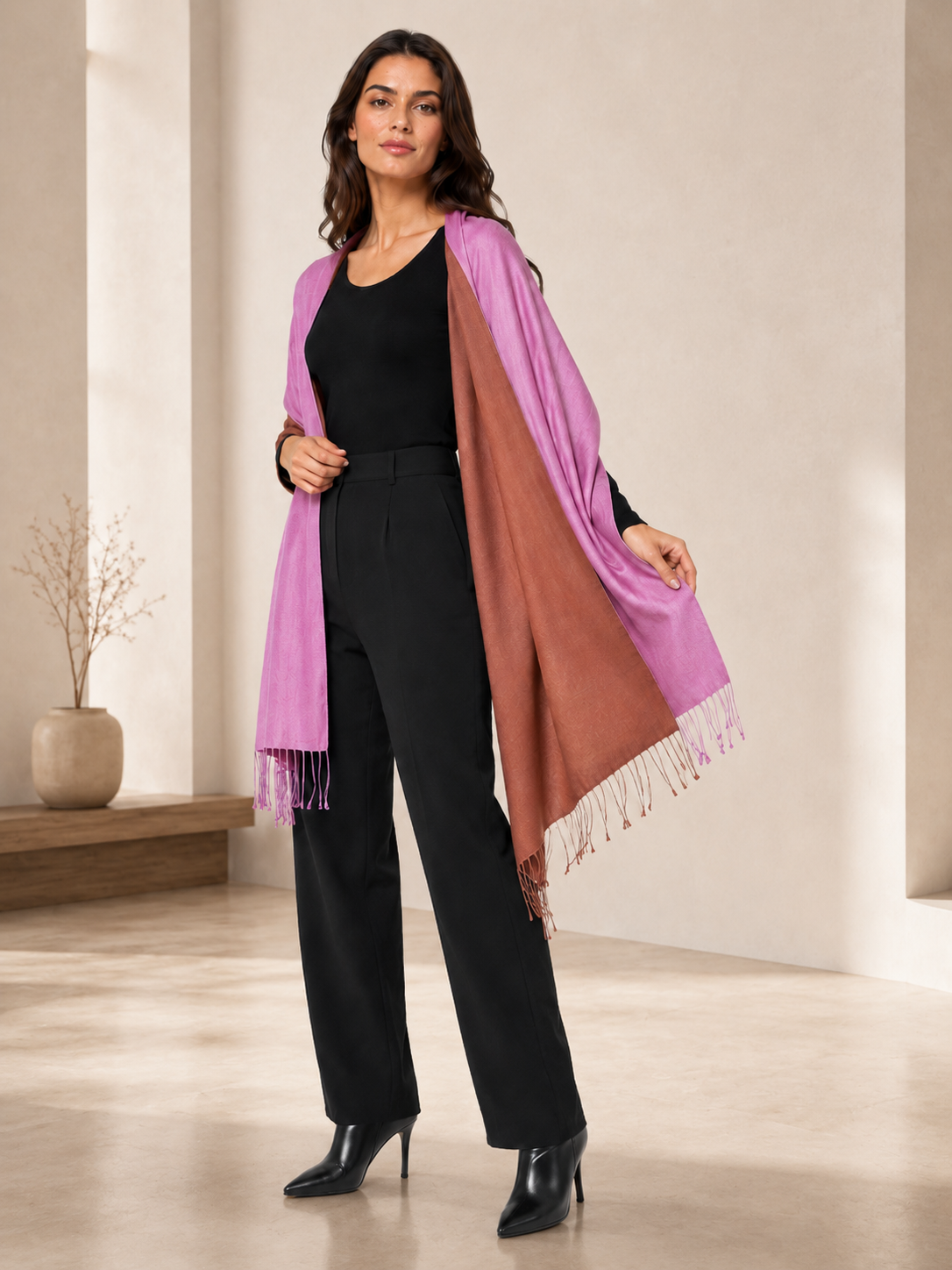 Two Tone Reversible Pashmina Wrap in Lavender and Brown