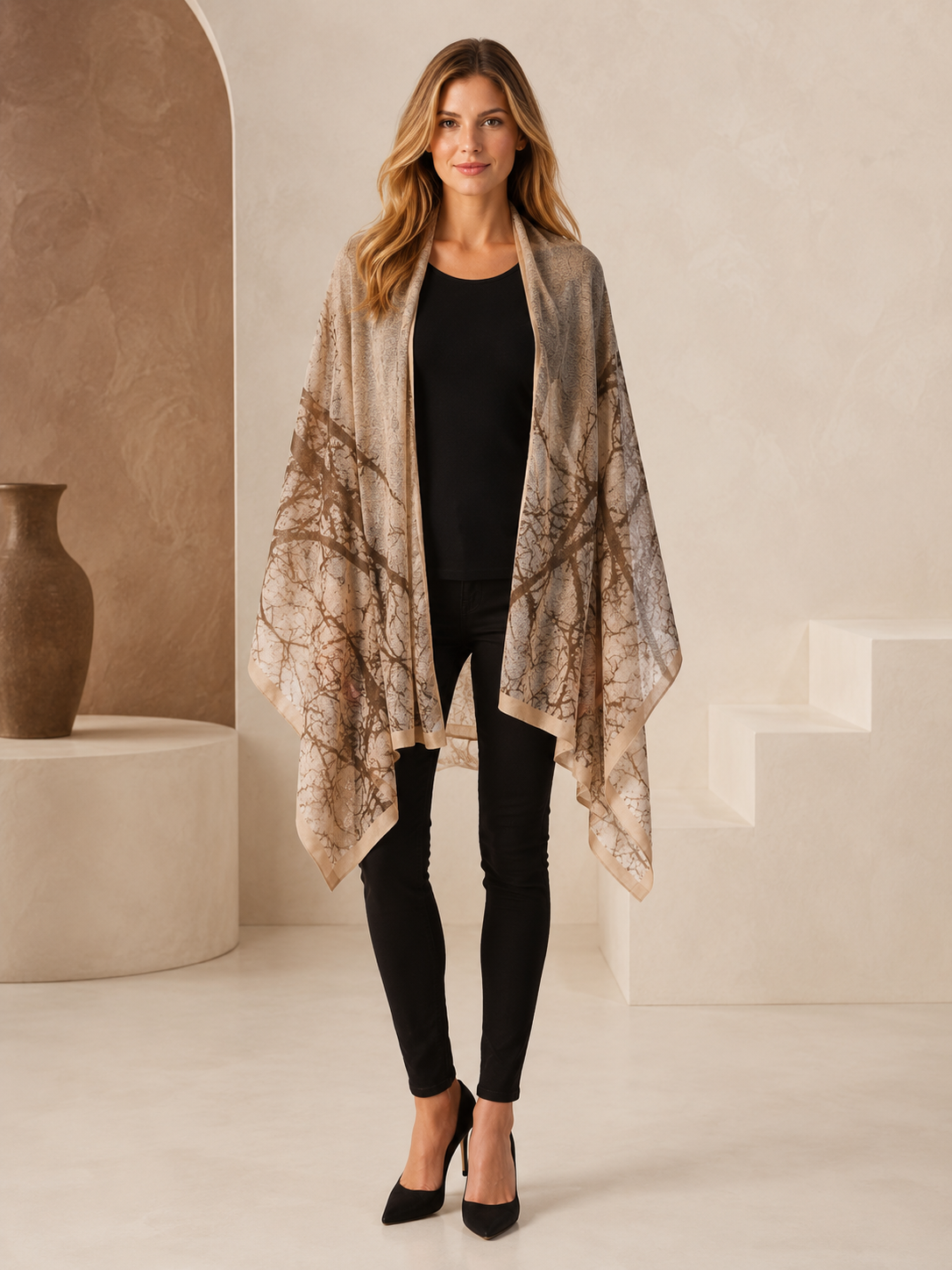 Pure Cashmere Knitted Shawl in Tree Print