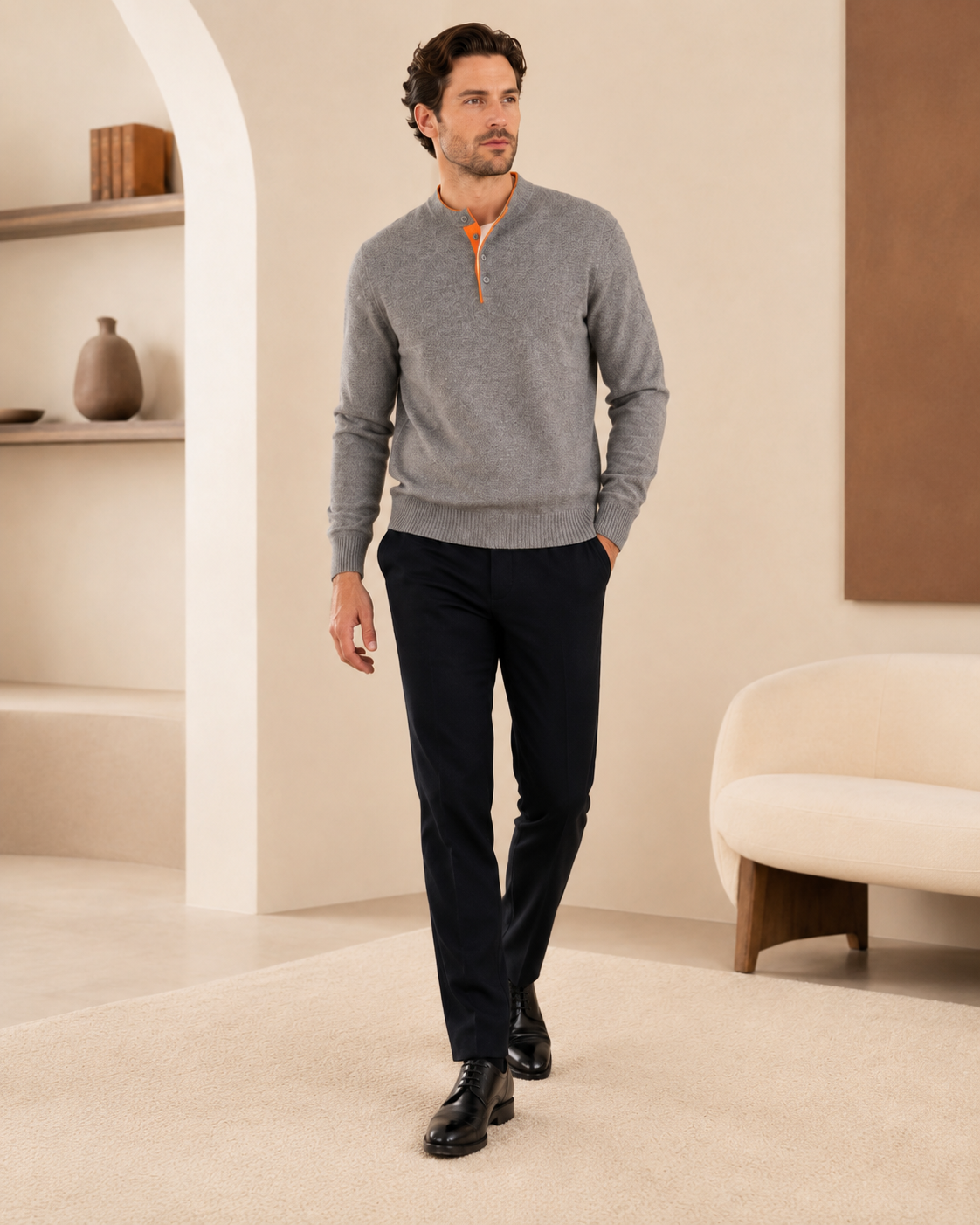 Men's Two Tone Polo Sweater in Pure Cashmere