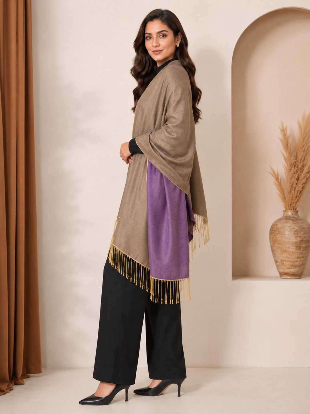 Two Tone Reversible Pashmina Wrap in Purple and Gold