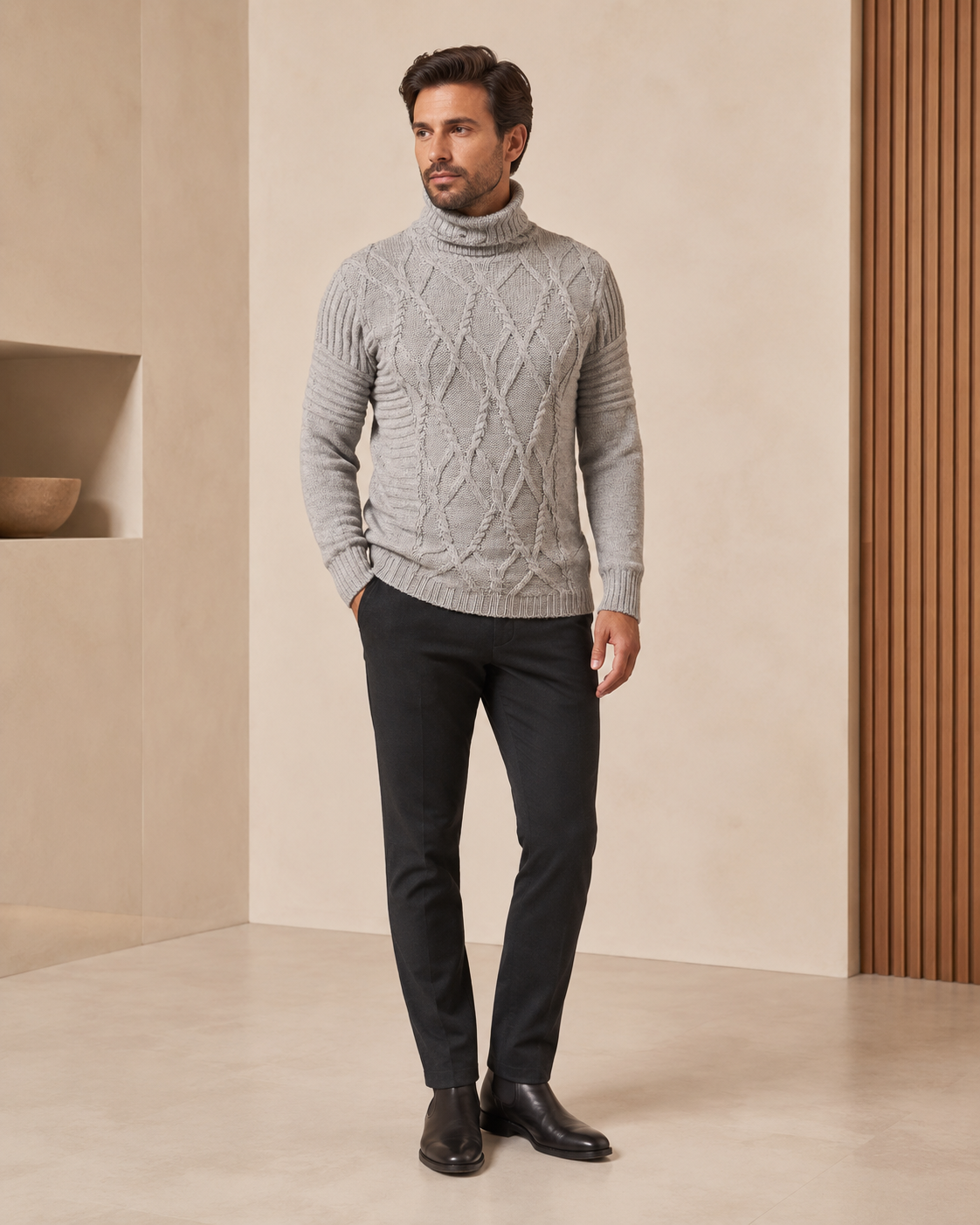 Men's Cable Turtleneck Sweater in Pure Baby Alpaca