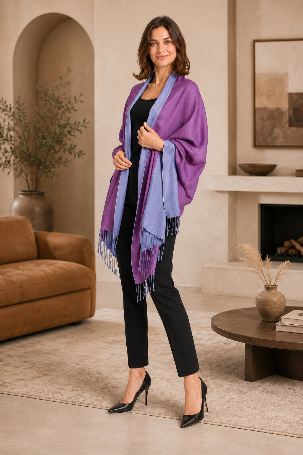 Two Tone Reversible Pashmina Wrap in Blue and Purple