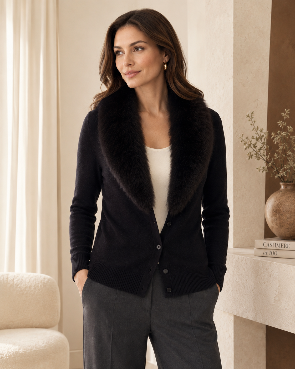 Cashmere Cardigan with Fur Collar