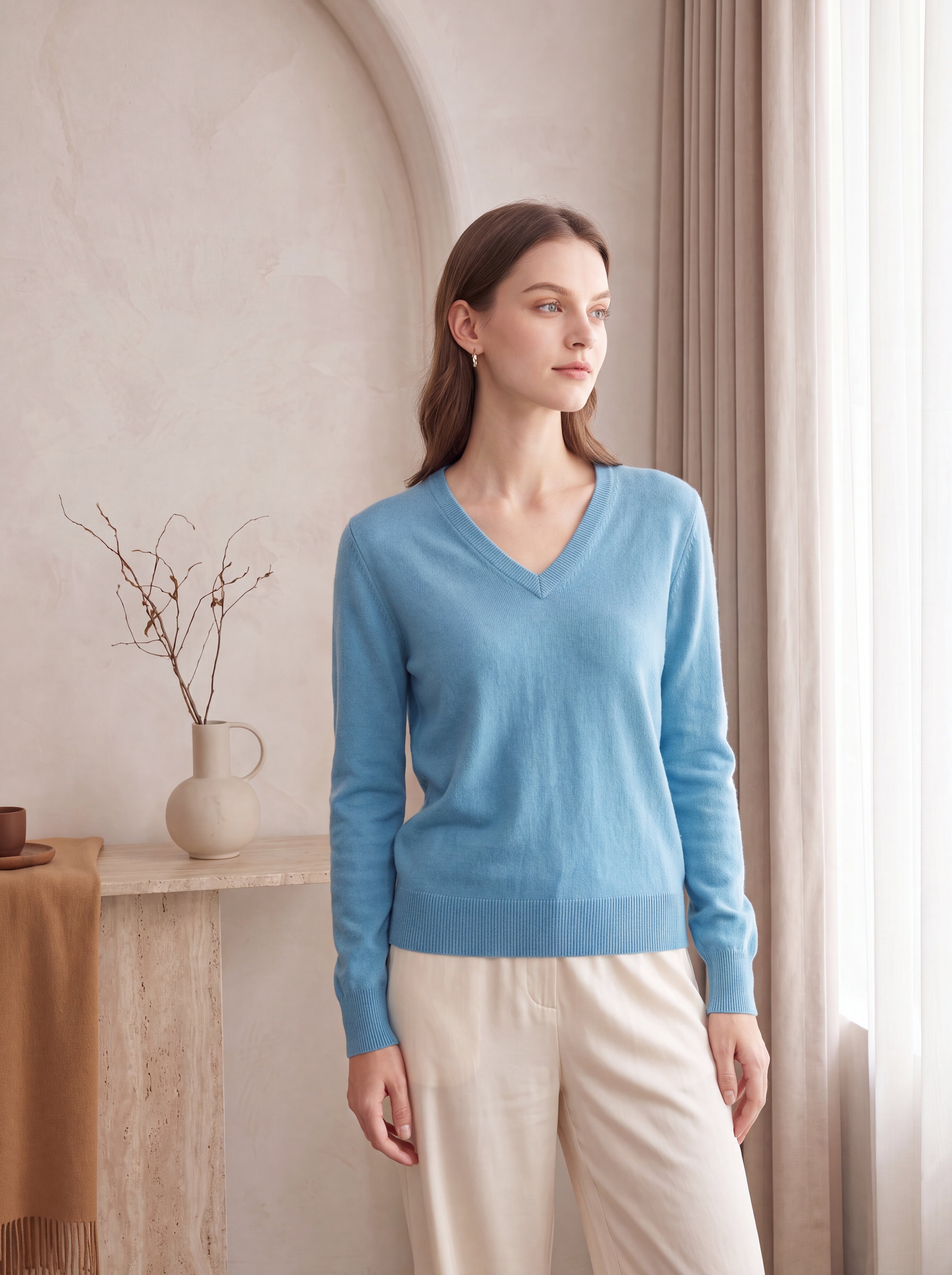 Pure Cashmere V-Neck Spring Sweater for Women