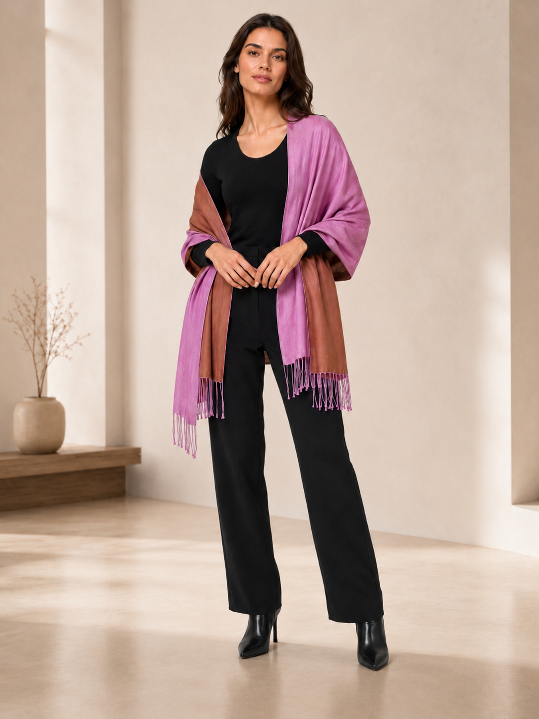 Two Tone Reversible Pashmina Wrap in Lavender and Brown