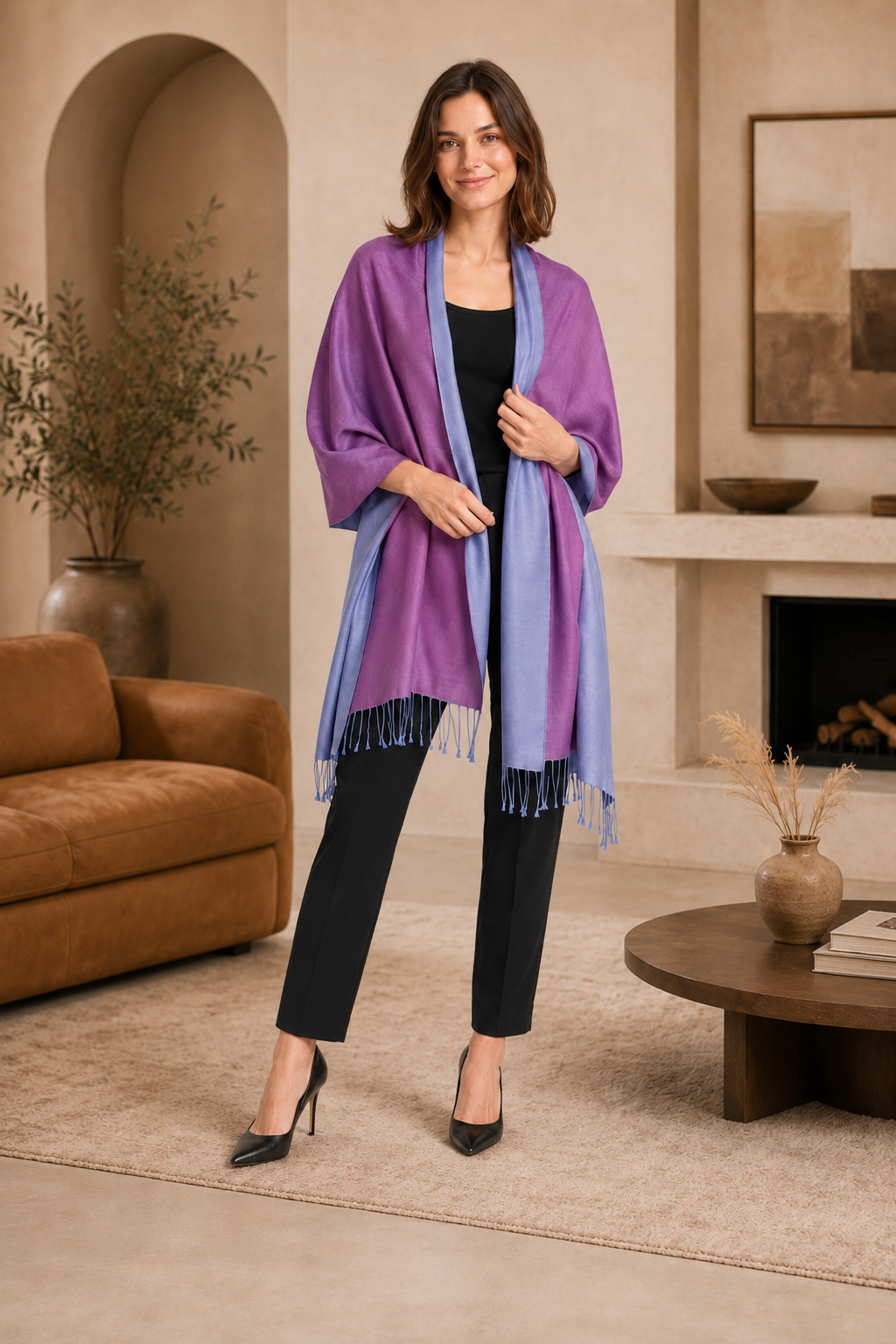Two Tone Reversible Pashmina Wrap in Blue and Purple