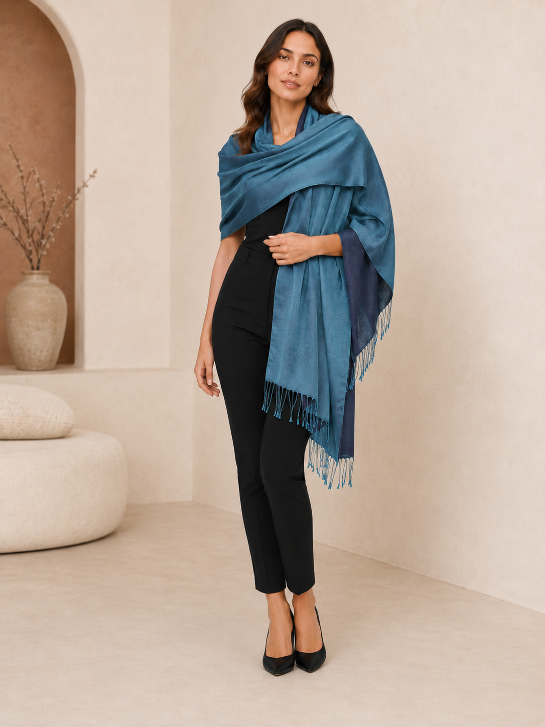 Two Tone Reversible Pashmina Wrap in Blue