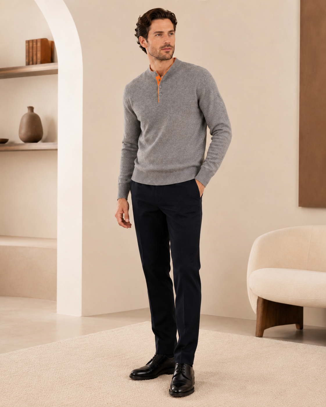 Men's Two Tone Polo Sweater in Pure Cashmere