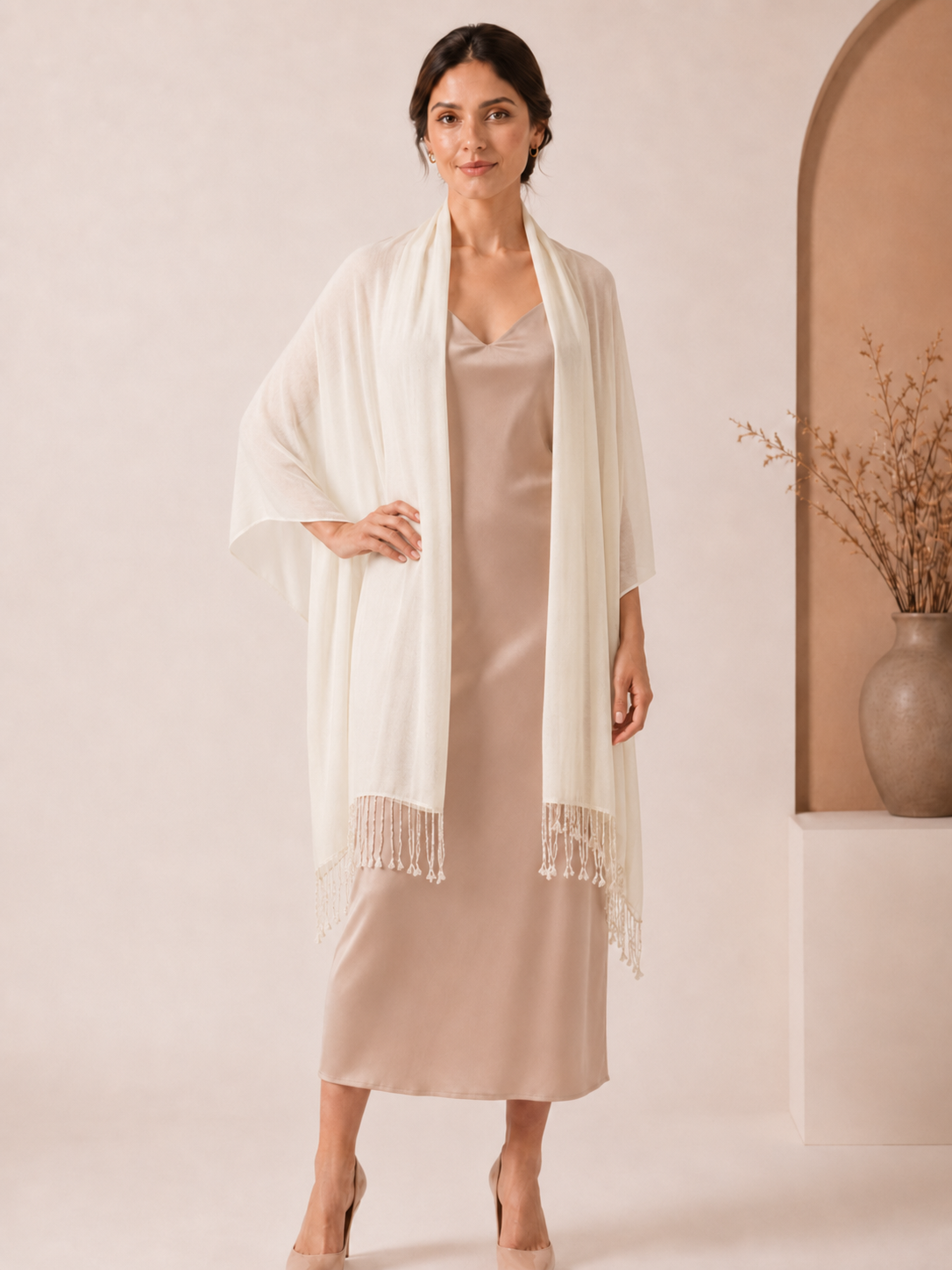 Pashmina Shawl With Beaded Tassels - Vanilla - Model Image 2