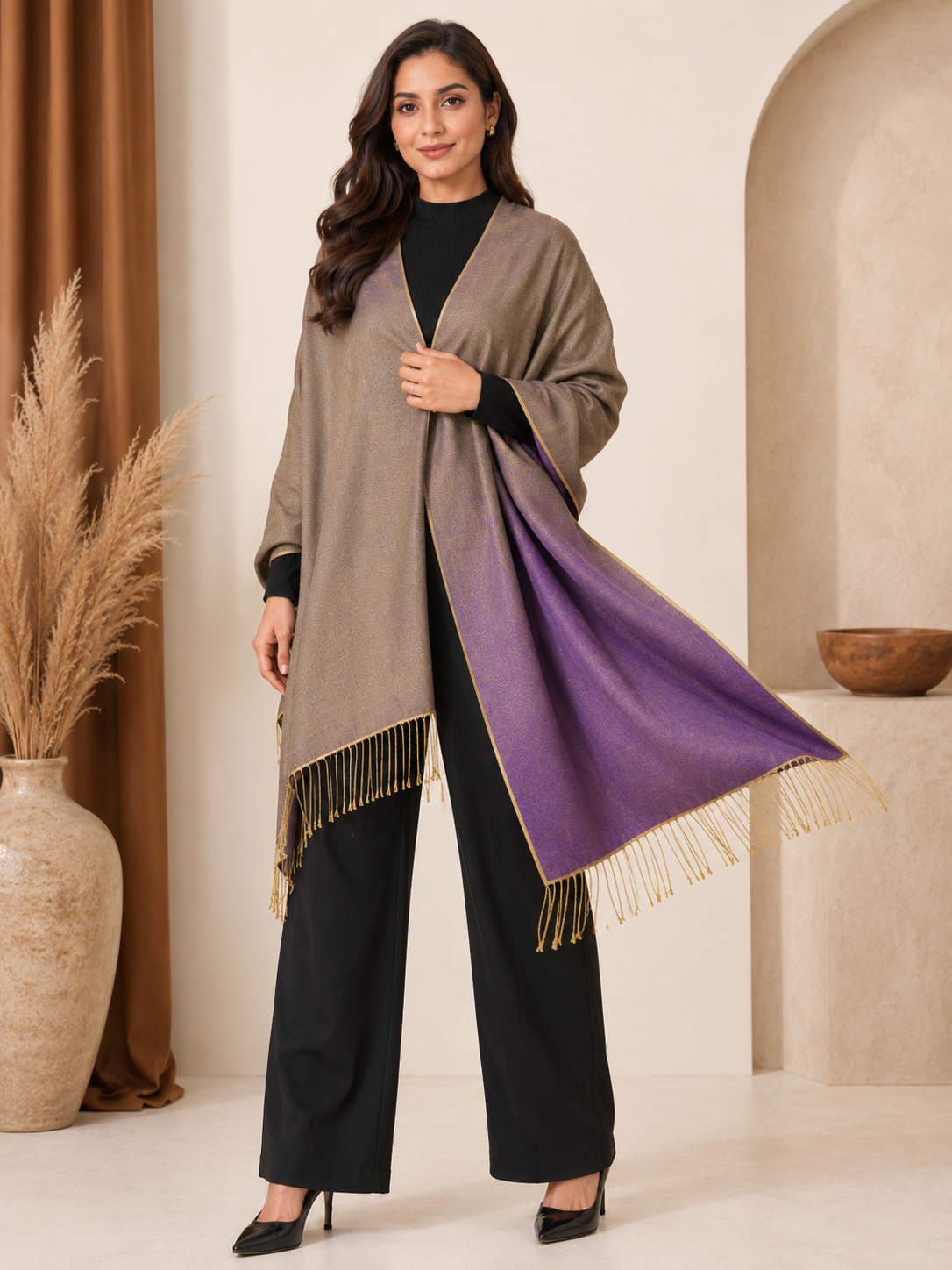 Two Tone Reversible Pashmina Wrap in Purple and Gold