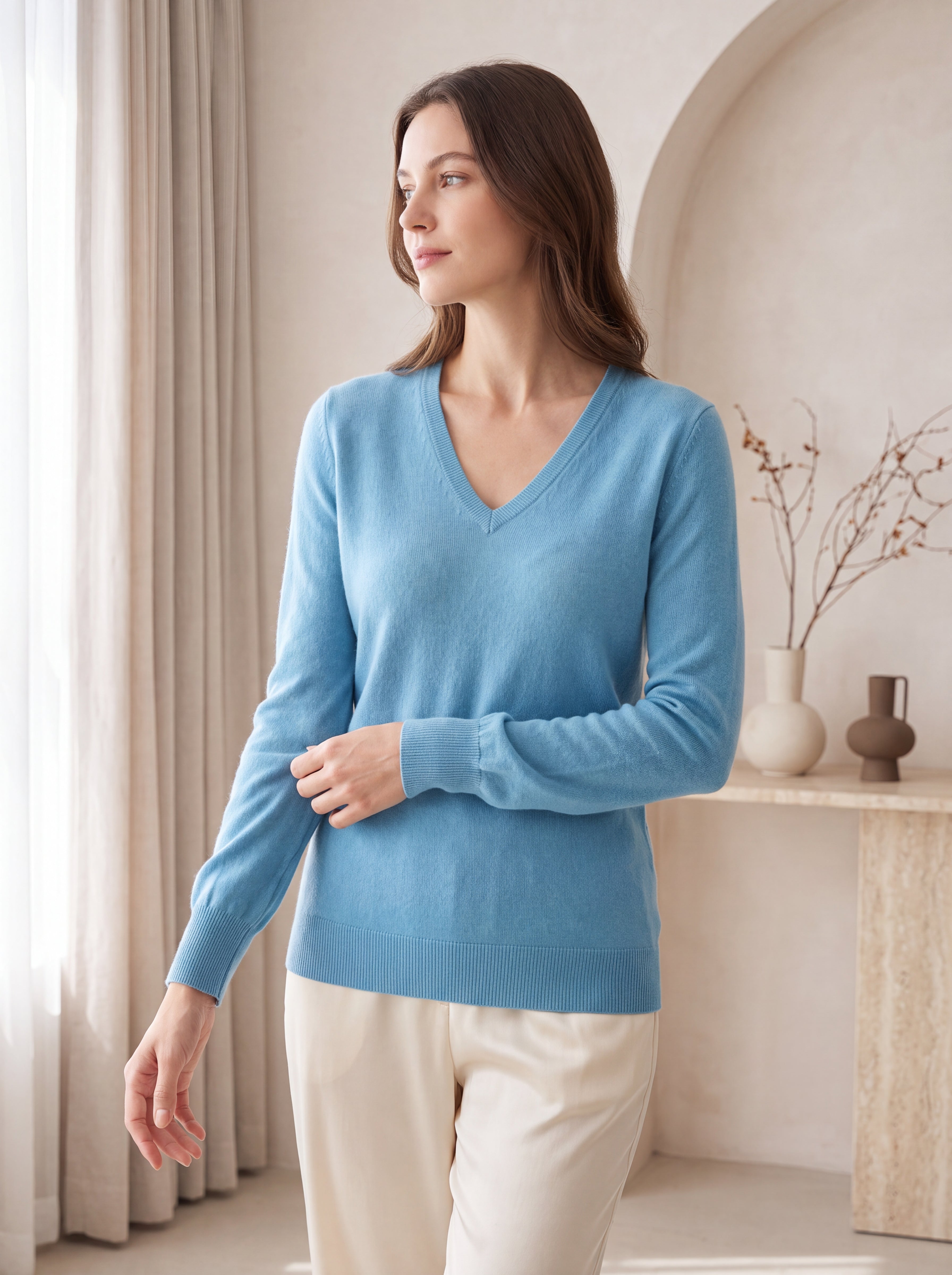 Pure Cashmere V-Neck Spring Sweater for Women
