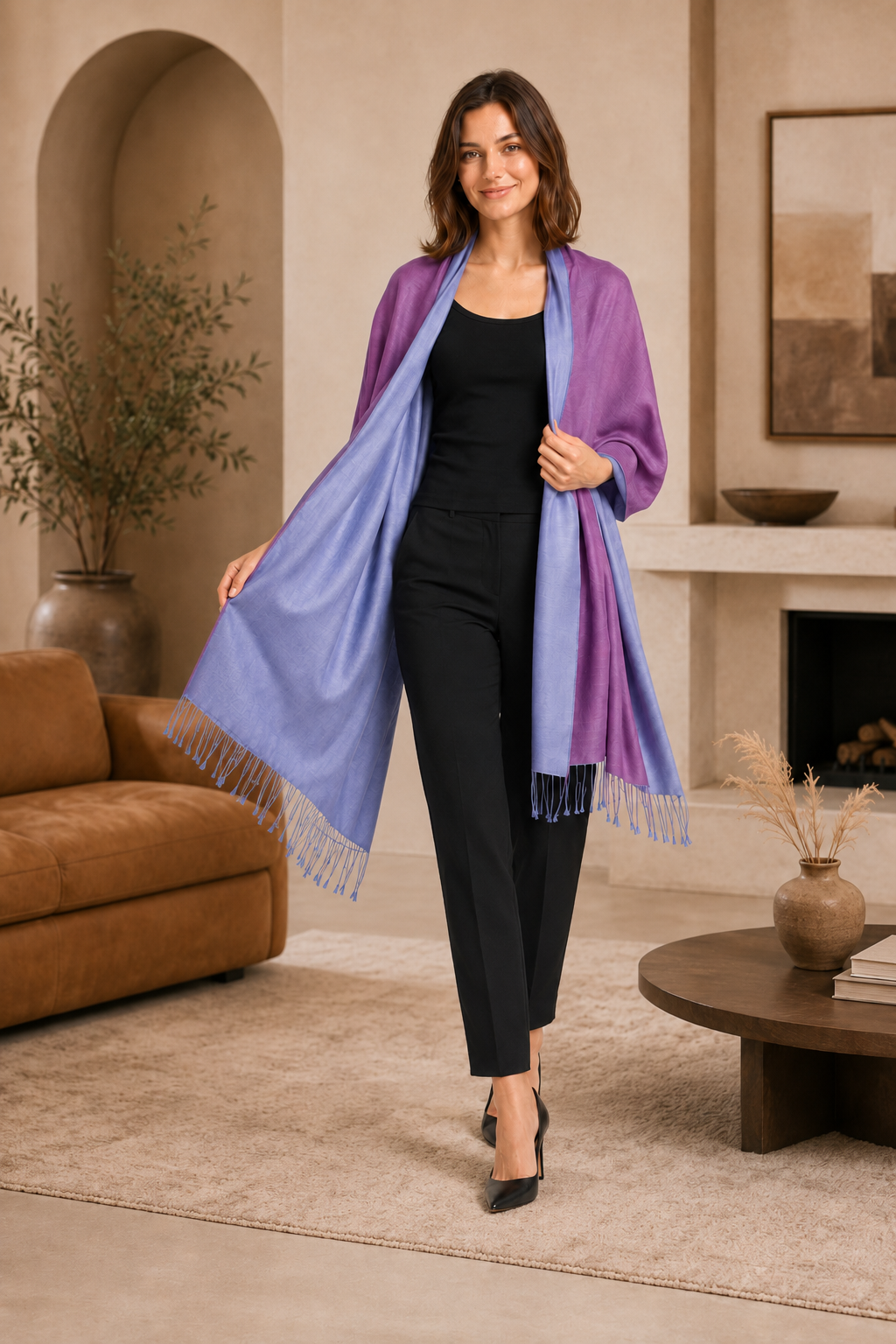 Two Tone Reversible Pashmina Wrap in Blue and Purple