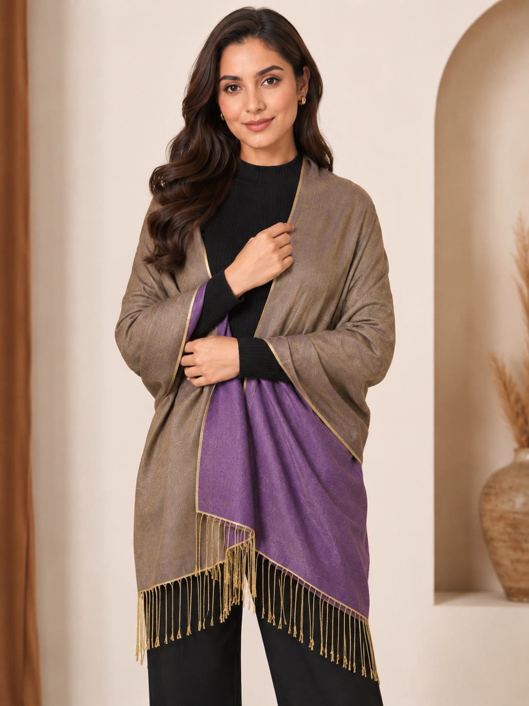 Two Tone Reversible Pashmina Wrap in Purple and Gold