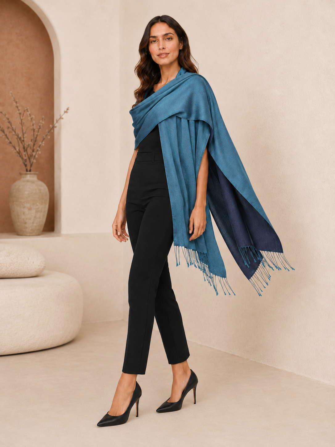 Two Tone Reversible Pashmina Wrap in Blue