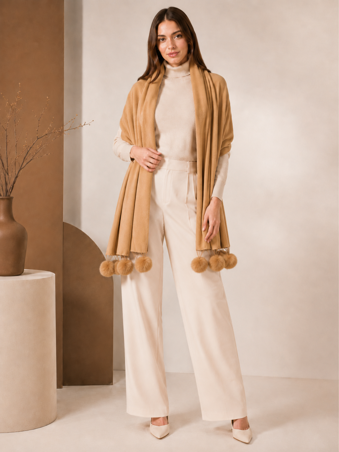 Cashmere Wrap with  Fur Pompoms