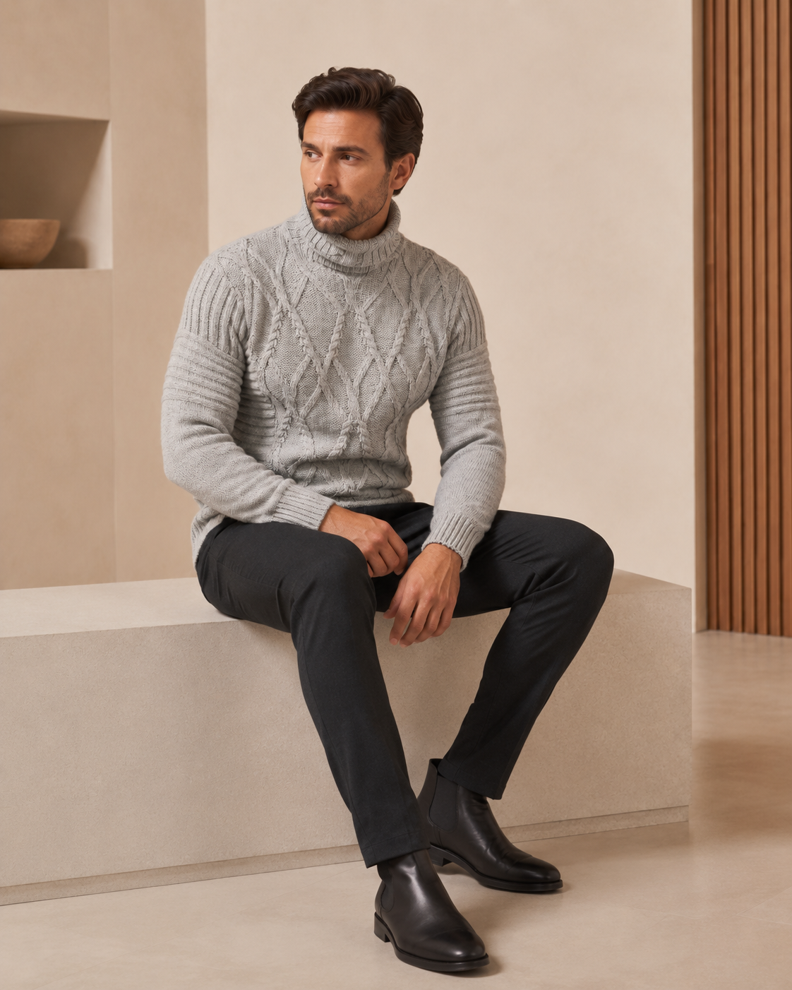 Men's Cable Turtleneck Sweater in Pure Baby Alpaca