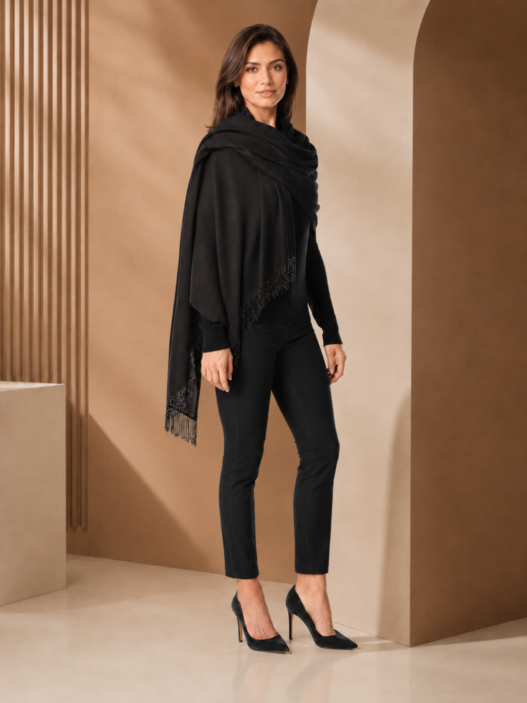 Pashmina Shawl With Beaded Tassels - Black - Model Image 3