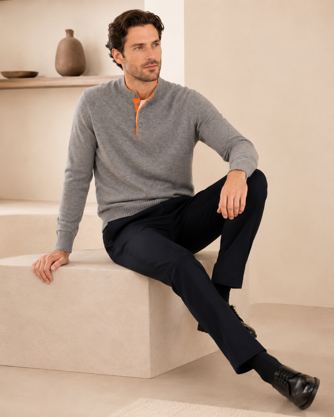 Men's Two Tone Polo Sweater in Pure Cashmere