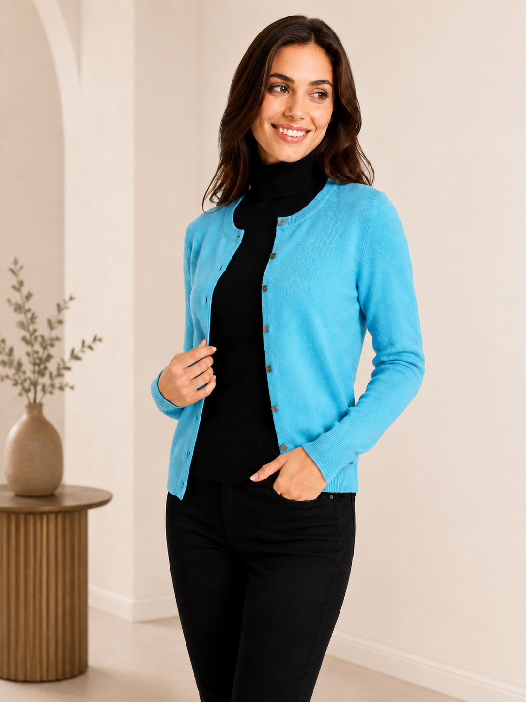 Women's Cashmere Round Neck Cardigan