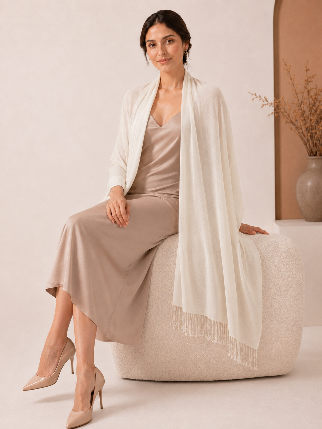 Pashmina Shawl With Beaded Tassels - Vanilla - Model Image 3